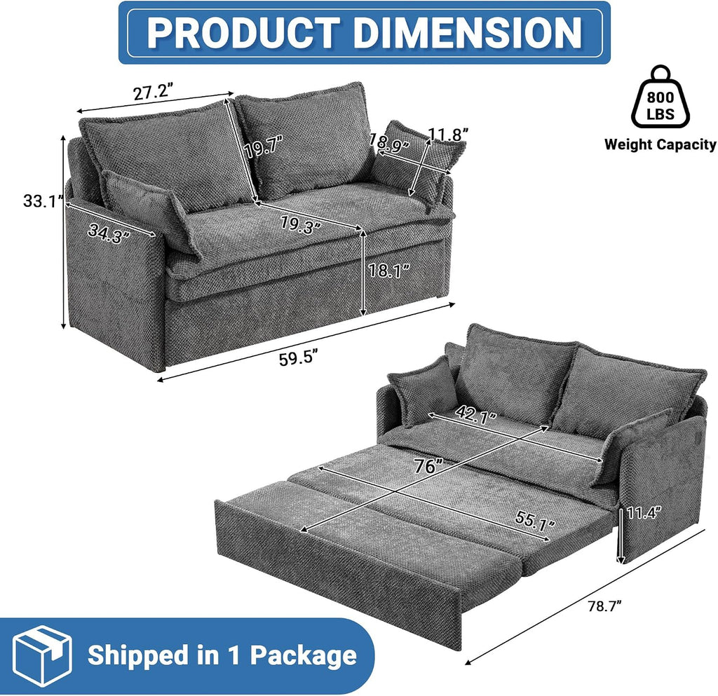60' Sleeper Sofa Bed, 2-in-1 Pull Out Couch with USB/Type-C Charging & Side Pockets, Convertible Corduroy Loveseat Chaise Lounge, Space-Saving Sofa for Living Room, Grey