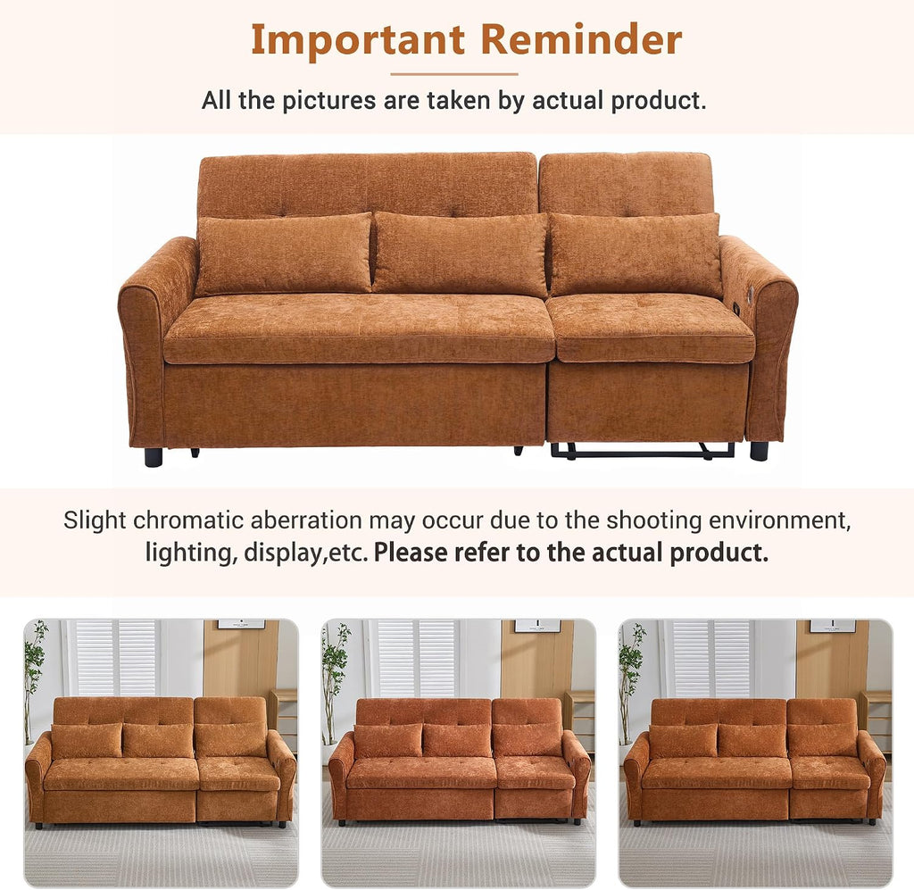 Merax 2-in-1 Convertible Sofa Bed & Recliner Sofa, 82' 3-Seater Sofa, Pull-Out Sleeper Sofa, 3 Level Adjustable Backrest, Reversible Left/Right, with USB Charging Ports, Easy to Assemble (Orange)
