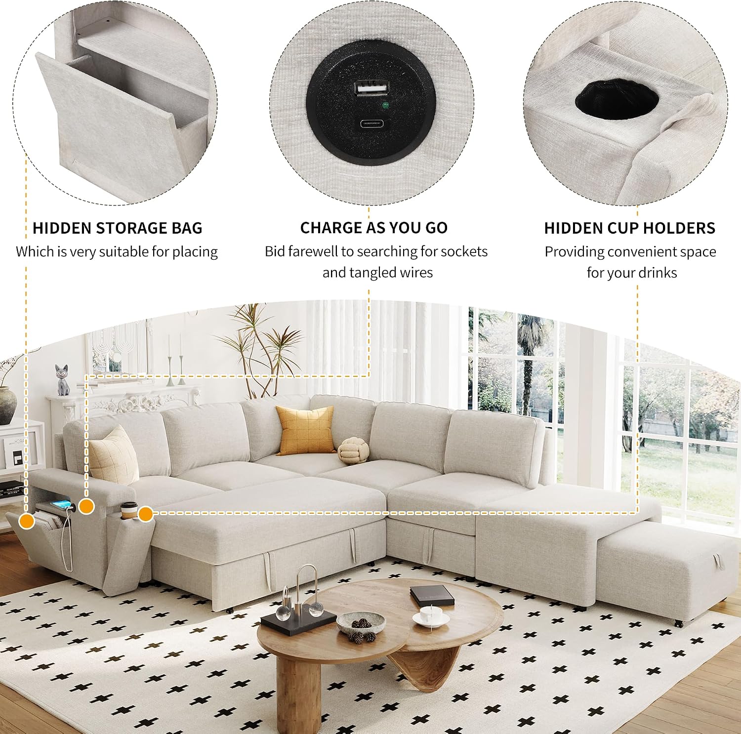 LUMISOL 90' Convertible Sleeper Sofa Bed with Pull-Out Bed & Ottoman, L-Shaped Sectional Sofa Bed with USB Ports, Cup Holders & Storage, Corner Sofa Couch with Storage Chaise for Living Room, Beige