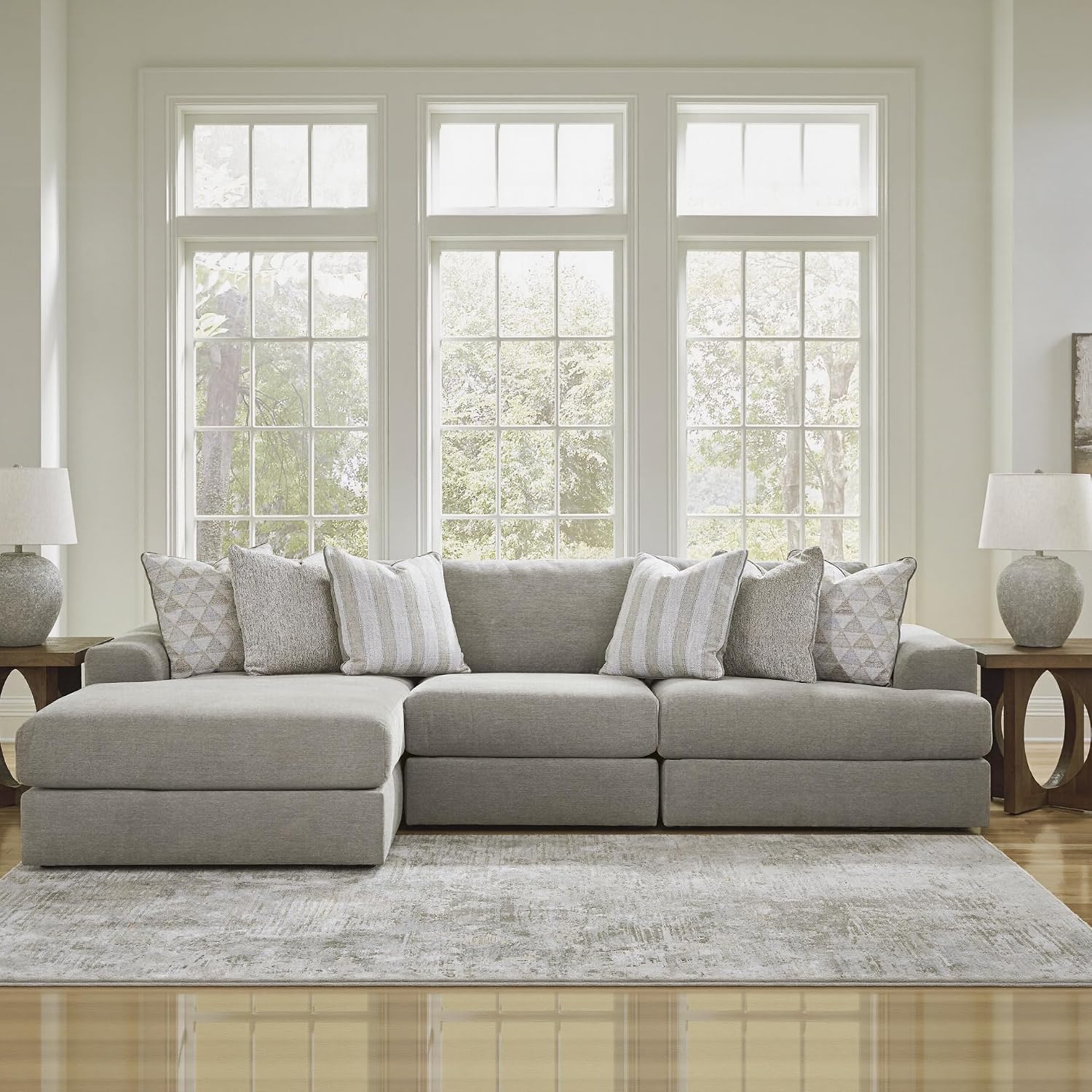 Signature Design by Ashley Avaliyah Casual L-Shaped 3-Piece Sectional with Chaise with Reversible Cushions and 6 Accent Pillows, Light Gray
