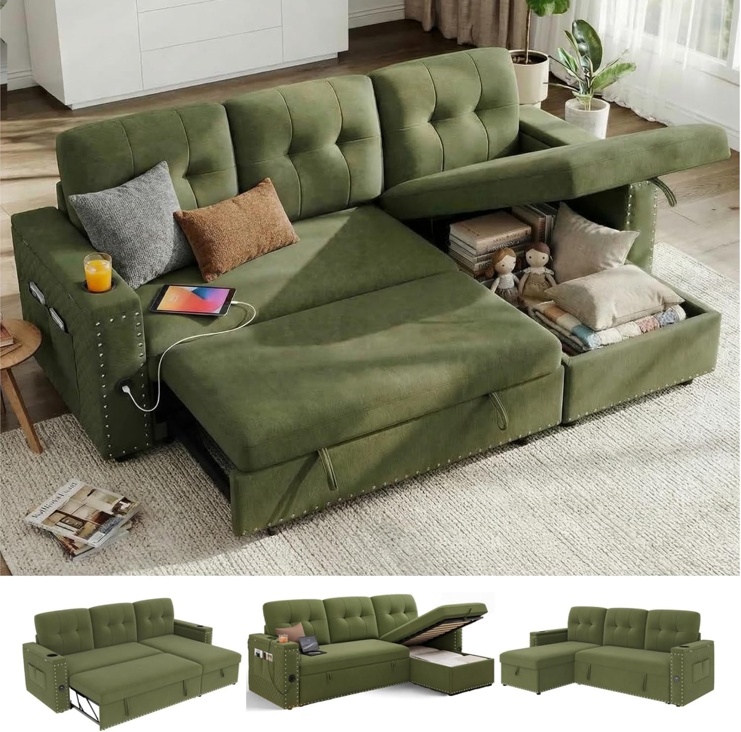 HIFIT Sleeper Sofa Bed- 81' L Shaped Pull Out Couches for Living Room with Storage Chaise, Storage Armrest, LED Light&USB Port&Cupholder, Modern Velvet Sectional Home Sofa Living Room Furniture, Green