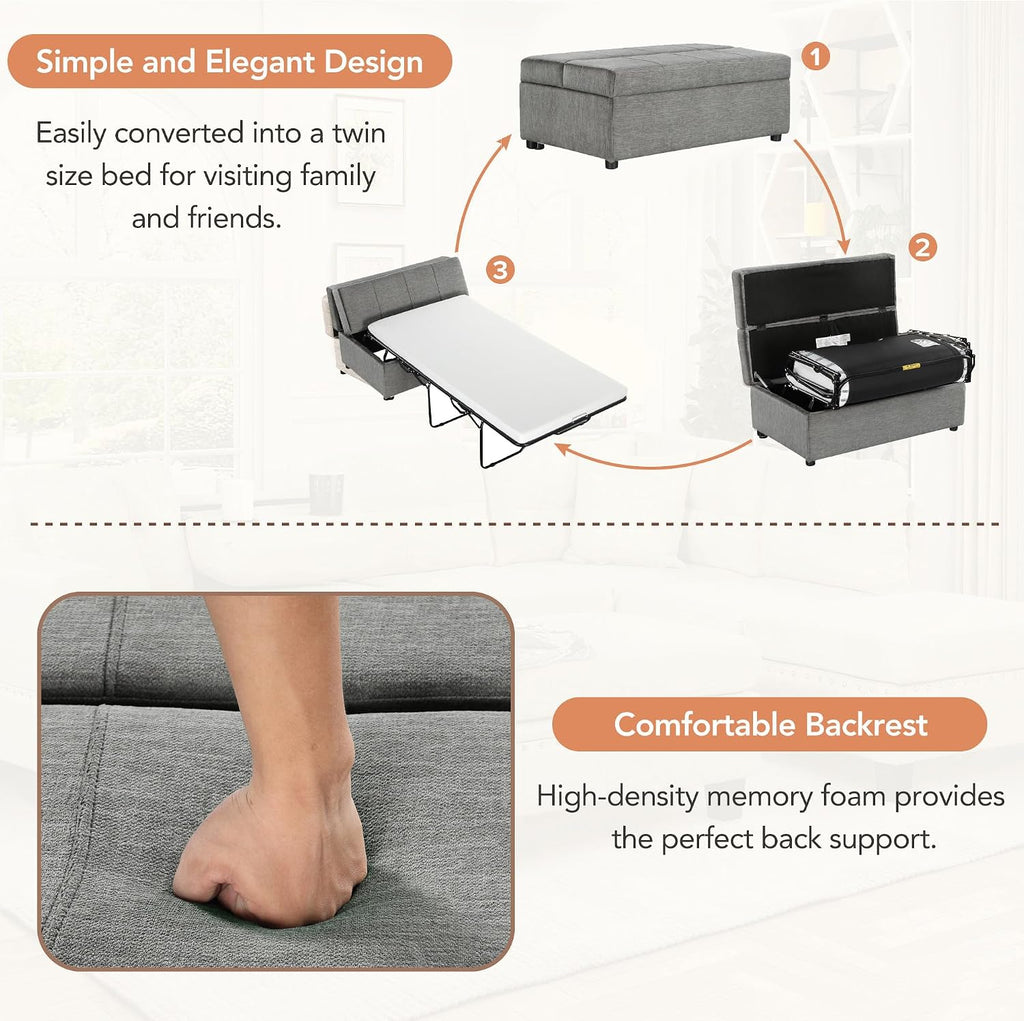 LUMISOL Folding Ottoman Sleeper Chair Bed with Mattress, Convertible Fold Out Sleeper Sofa Bed, Twin Size Chenille Couch and Ottoman Sofa for Living Room Bedroom Guest Room, Grey