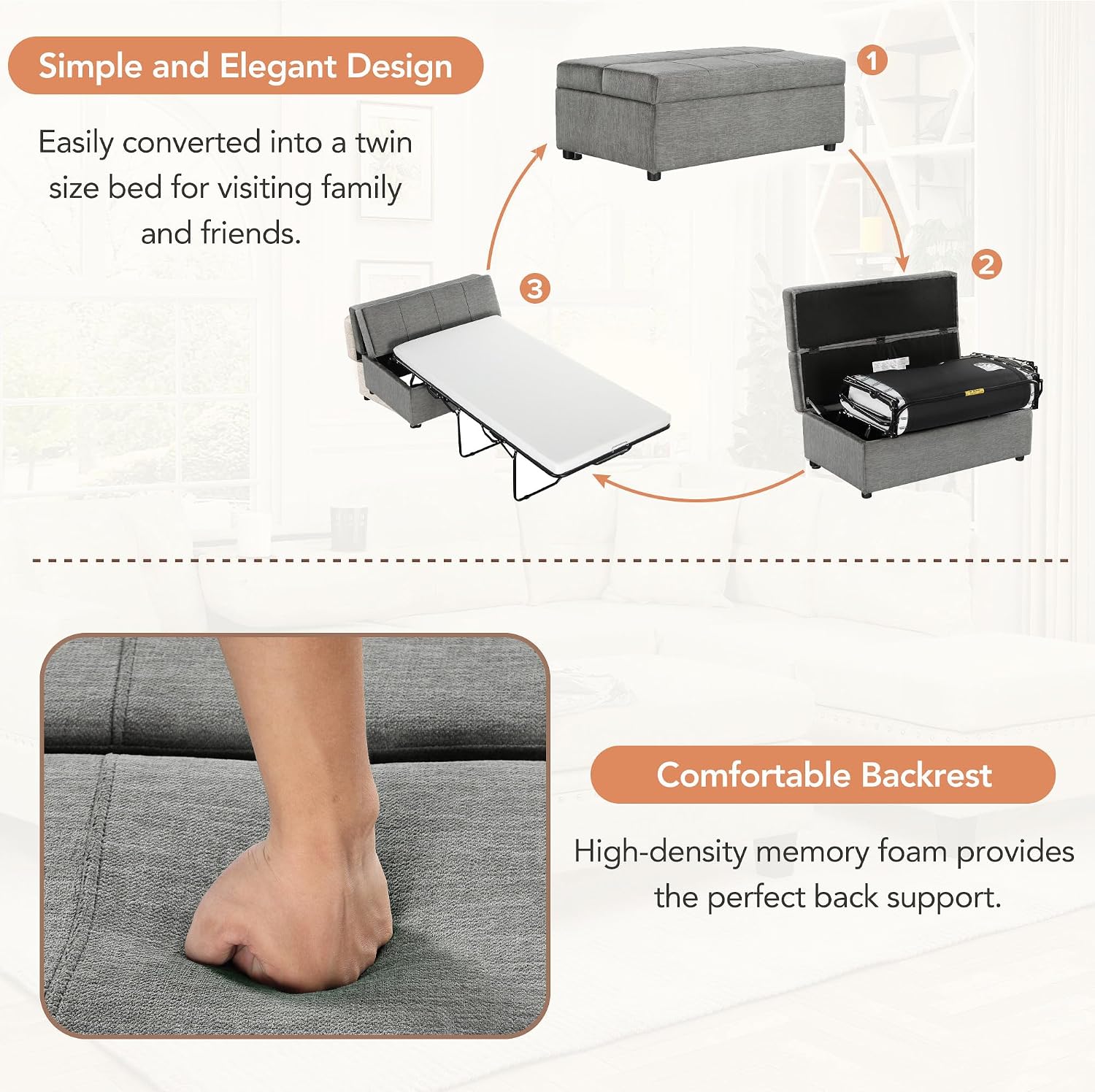 LUMISOL Folding Ottoman Sleeper Chair Bed with Mattress, Convertible Fold Out Sleeper Sofa Bed, Twin Size Chenille Couch and Ottoman Sofa for Living Room Bedroom Guest Room, Grey
