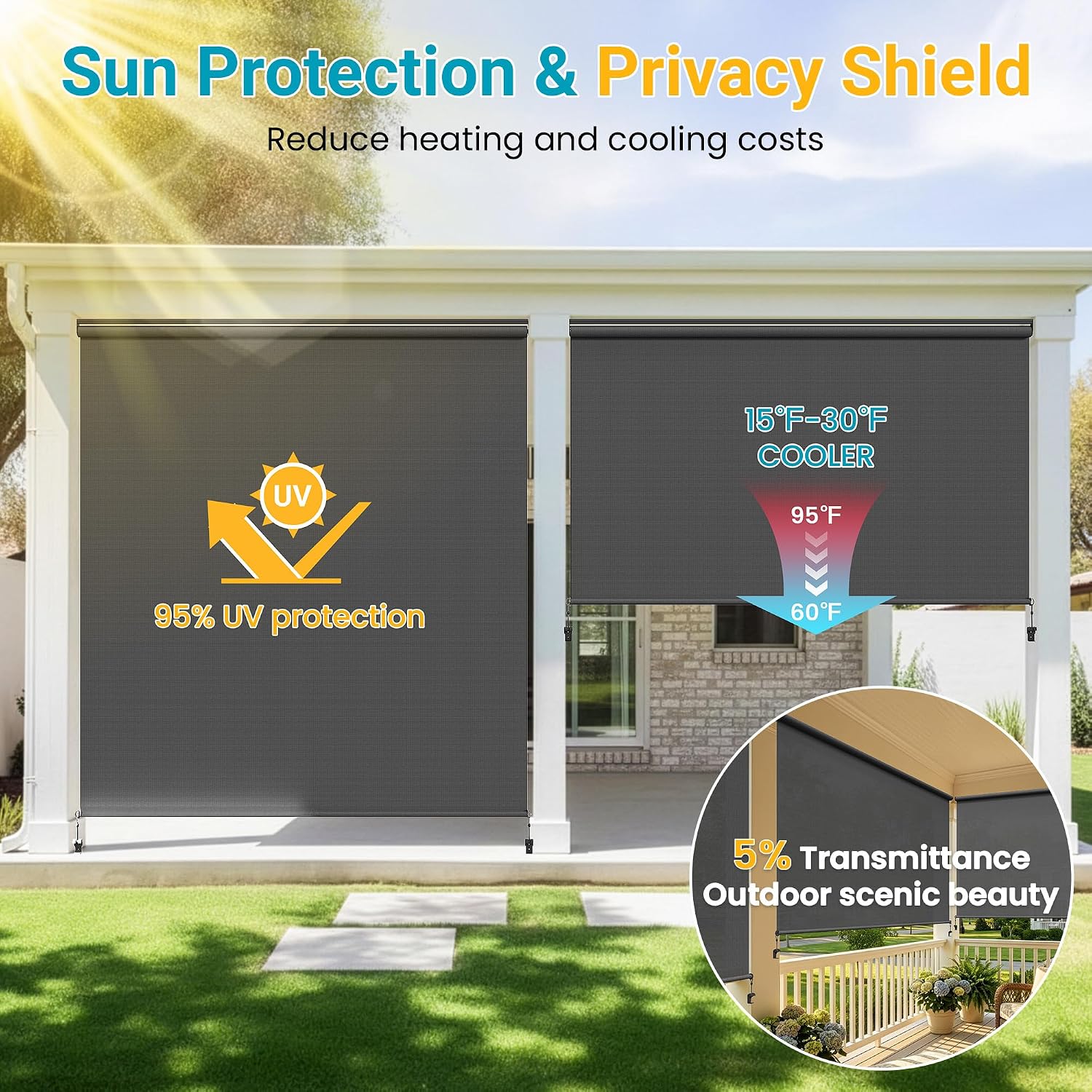 May in Color Outdoor Roller Shades for Patio with New Operation Mode (with Pull Rod-No Need Crank), Upgraded Materials Shades Roller Up Outdoor with 95% UV Protection, Outdoor Blinds for Patio Proch