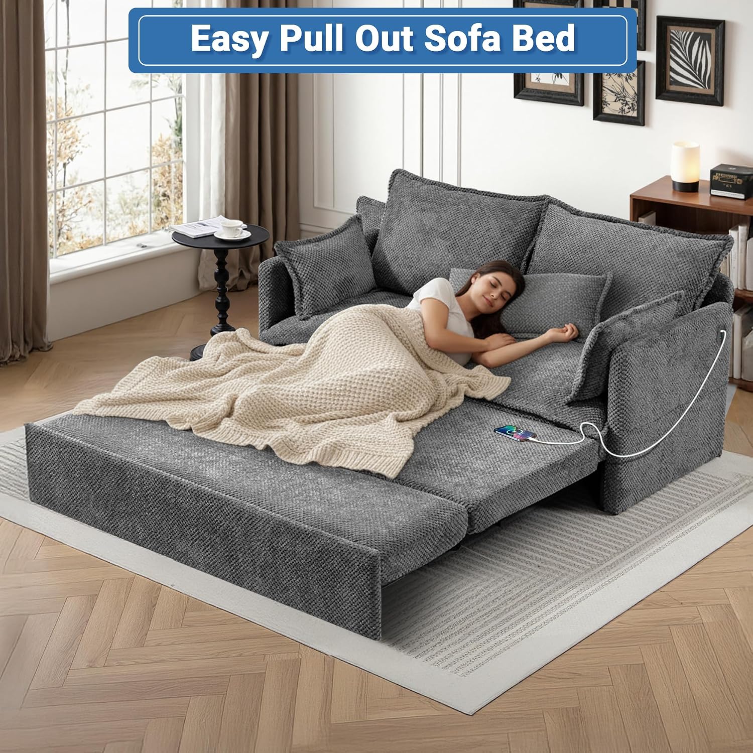 60' Sleeper Sofa Bed, 2-in-1 Pull Out Couch with USB/Type-C Charging & Side Pockets, Convertible Corduroy Loveseat Chaise Lounge, Space-Saving Sofa for Living Room, Grey