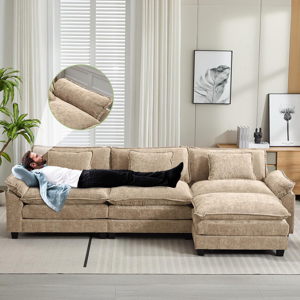 Oprisen 120' Modular Sectional Sofa, Comfy Cloud Couch Sectional Sofa with Ottoman, Chenille Sofa Sleeper Deep Seat Sofa with Throw Pillows for Living Room (Khaki, 120'- L Shape)