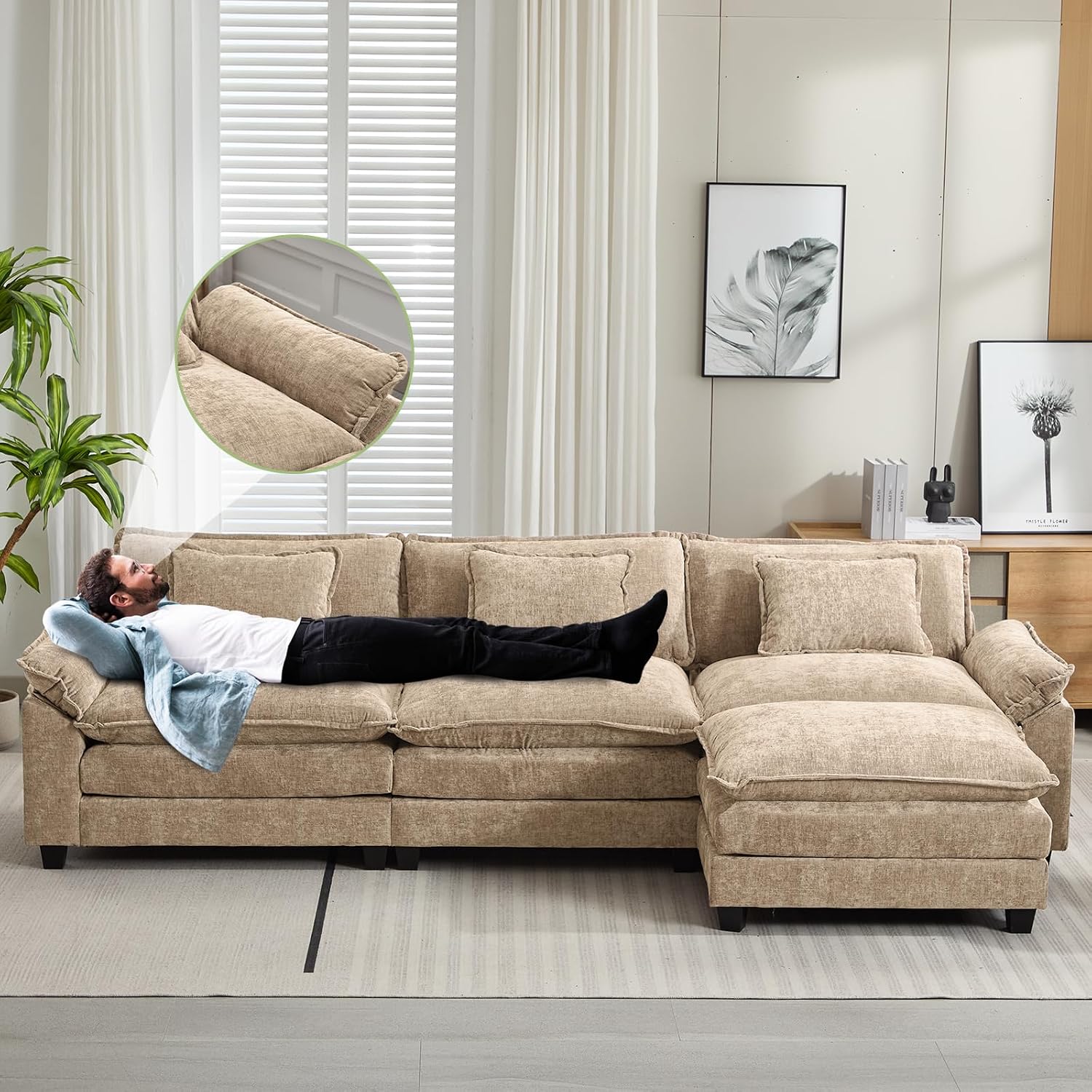 Oprisen 120' Modular Sectional Sofa, Comfy Cloud Couch Sectional Sofa with Ottoman, Chenille Sofa Sleeper Deep Seat Sofa with Throw Pillows for Living Room (Khaki, 120'- L Shape)