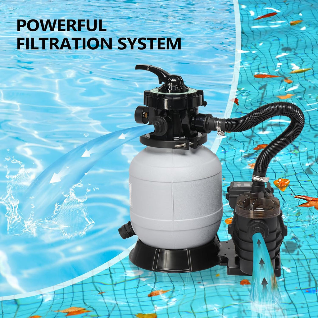 (24H Timer) VINGLI Sand Pool Filter 10in Tank With A 1/3HP Pool Pump 115V and Pool Filter Balls, Above Ground Swimming Pool Pump with Filter Basket,Max Flow Rate 2087GPH