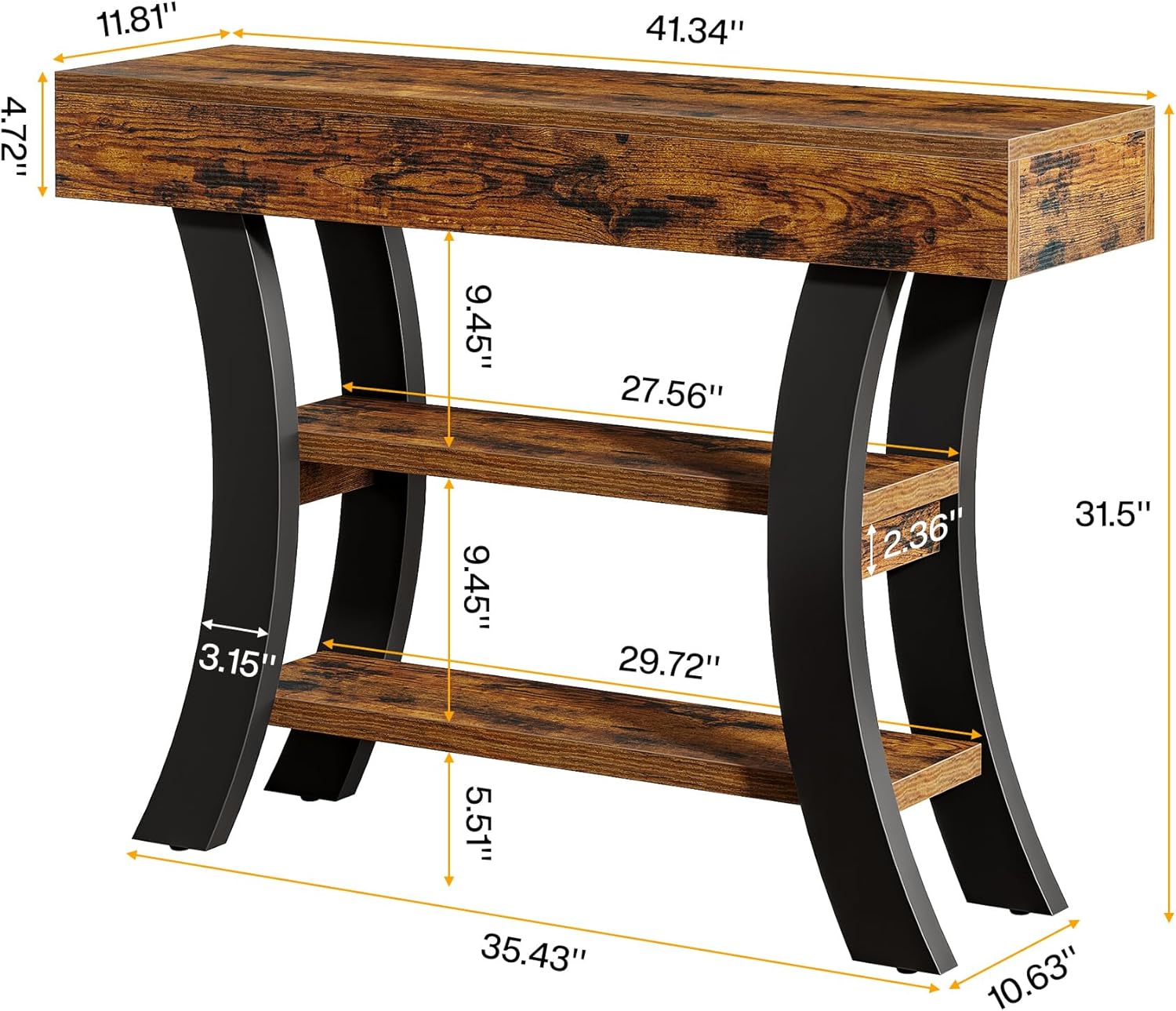 Tribesigns 41' Small Console Table for Entryway, 3-Tier Narrow Rustic Sofa Table with Storage Shelves and Curved Frame for Living Room, Entry, Hallway, Foyer, Rustic Brown