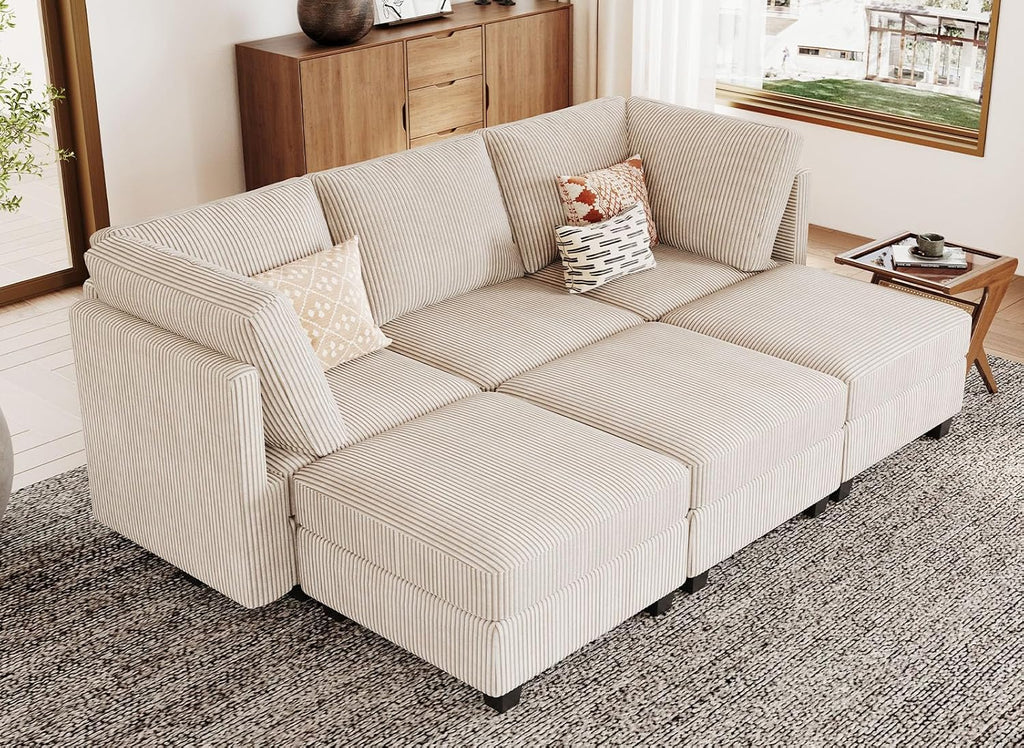 Belffin Modular Sectional Sleeper Sofa with Storage Seat 6 Seat Sectional Sleeper Sofa Bed Corduroy Convertible Sectional Couch with Reversible Chaise Beige Modular Couch for Living Room