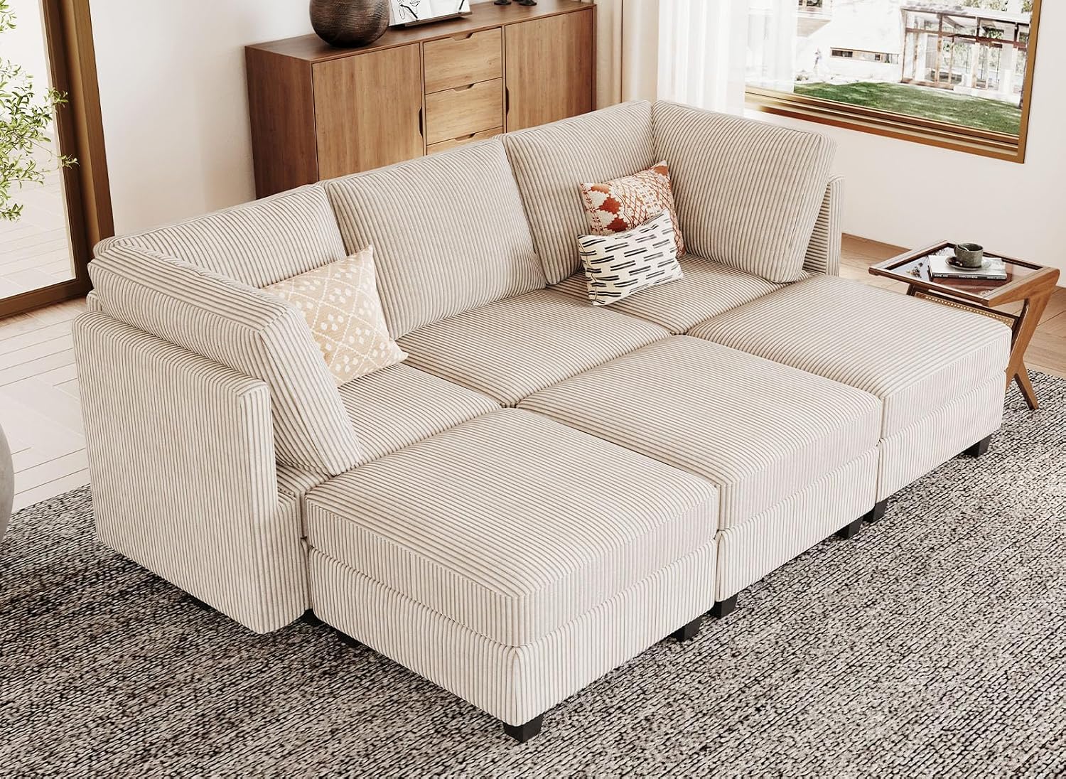 Belffin Modular Sectional Sleeper Sofa with Storage Seat 6 Seat Sectional Sleeper Sofa Bed Corduroy Convertible Sectional Couch with Reversible Chaise Beige Modular Couch for Living Room