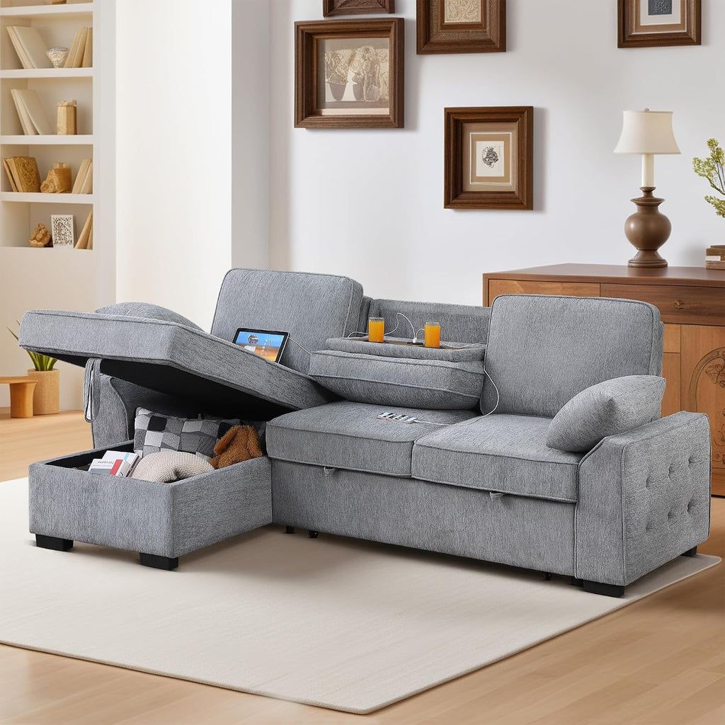 ERYE L-Shaped Pull Out Sleeper Couch Bed, Modern Chenille Upholstered Button Tufted Corner Couch Reversible Sectional Sleeper Sofa Bed W/Storage Chaise, Cup Holders