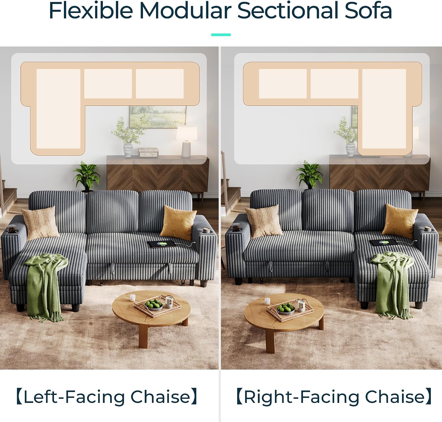 LINSY Home Sleeper Sofa Couch with Storage Chaise & USB Charging, Convertible Sectional Pull Out Sofa Bed with Plush Corduroy Fabric, Modular Sectional Couches for Living Room Apartment (Grey)