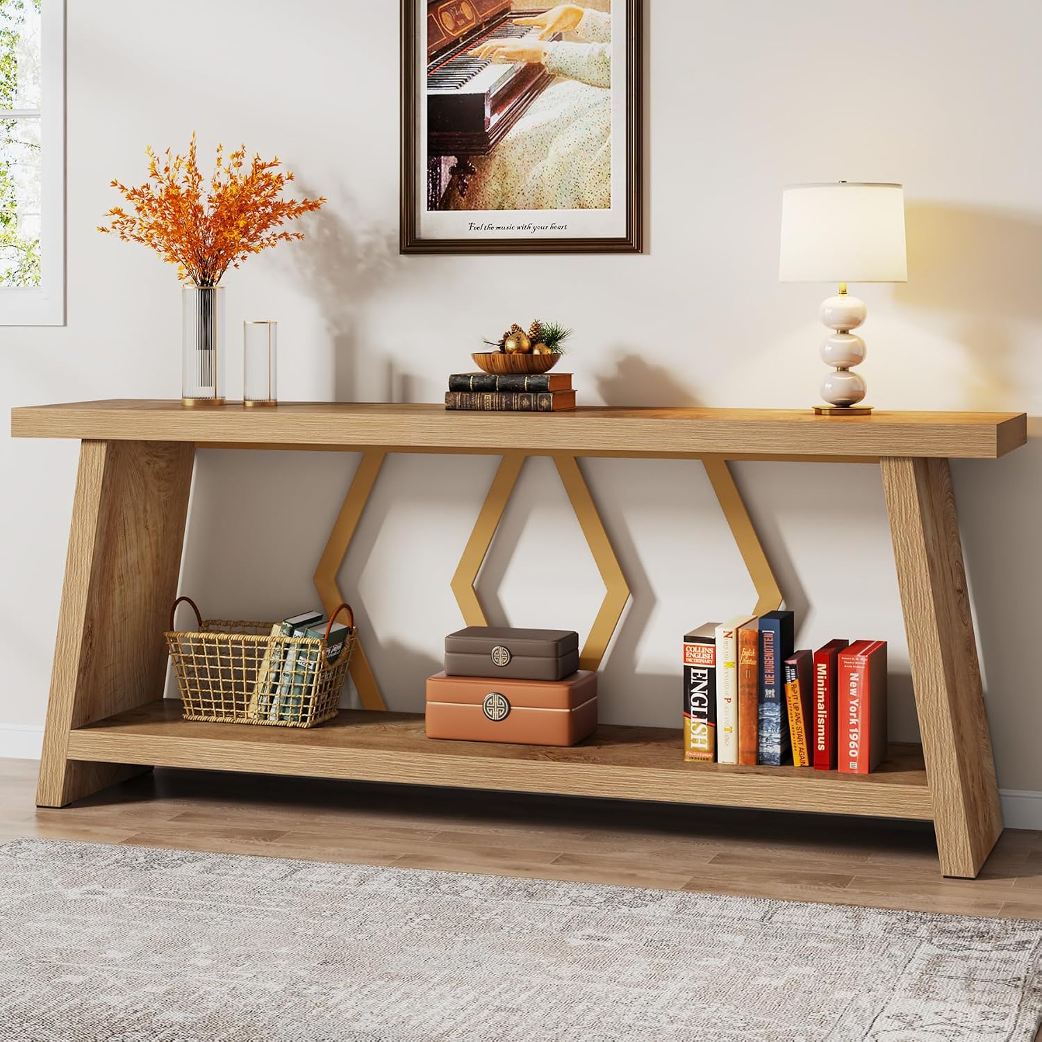 Tribesigns 70.86-Inch Long Sofa Table for Living Room, 2-Tier Narrow Console Table with Storage, Wood Foyer Entryway Couch Table for Hallway, Entrance (Light Oak Brown)