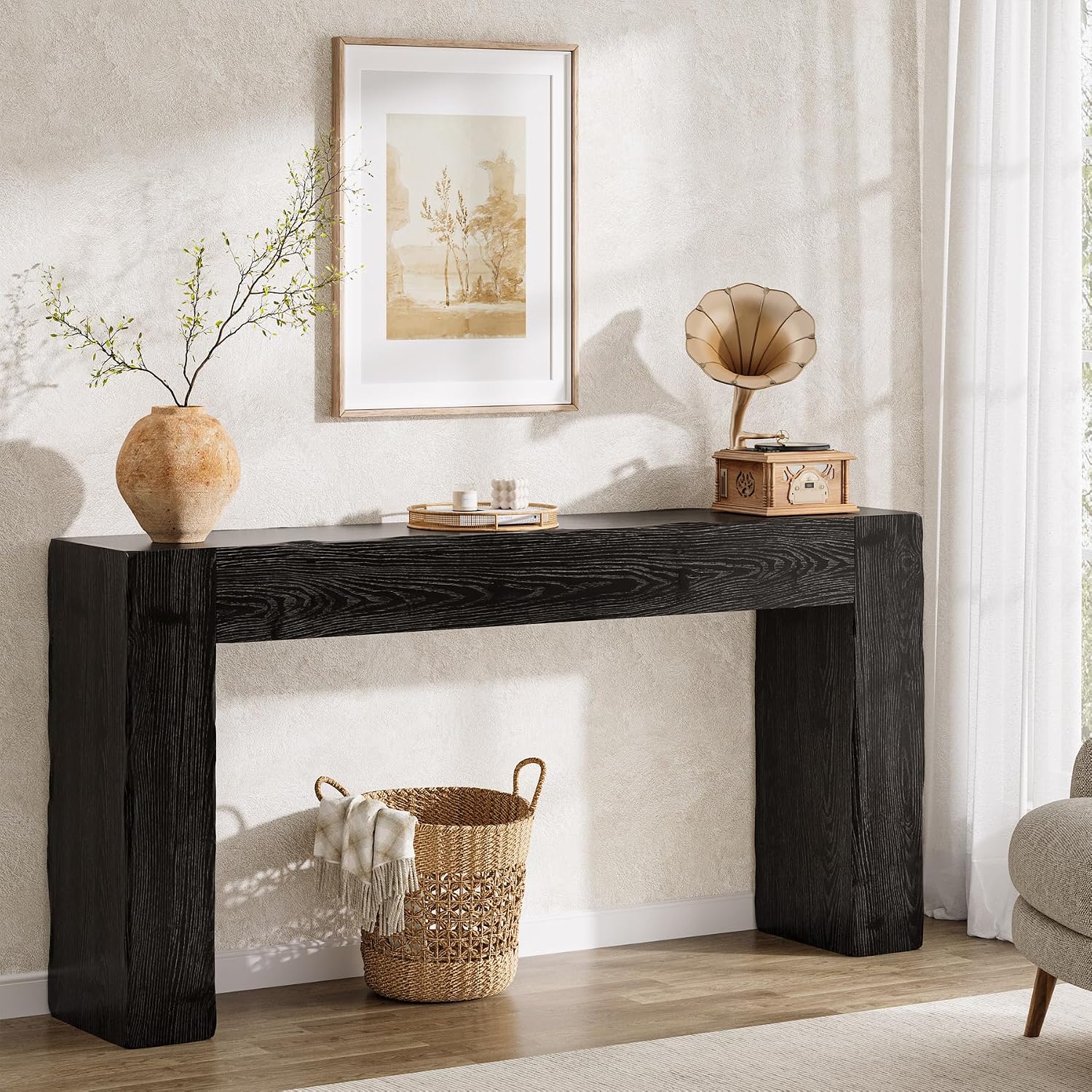 Solid Wood Console Table, 63-Inch Farmhouse Sofa Table Behind Couch for Entryway, Living Room, Foyer, Easy Assembly (Black)