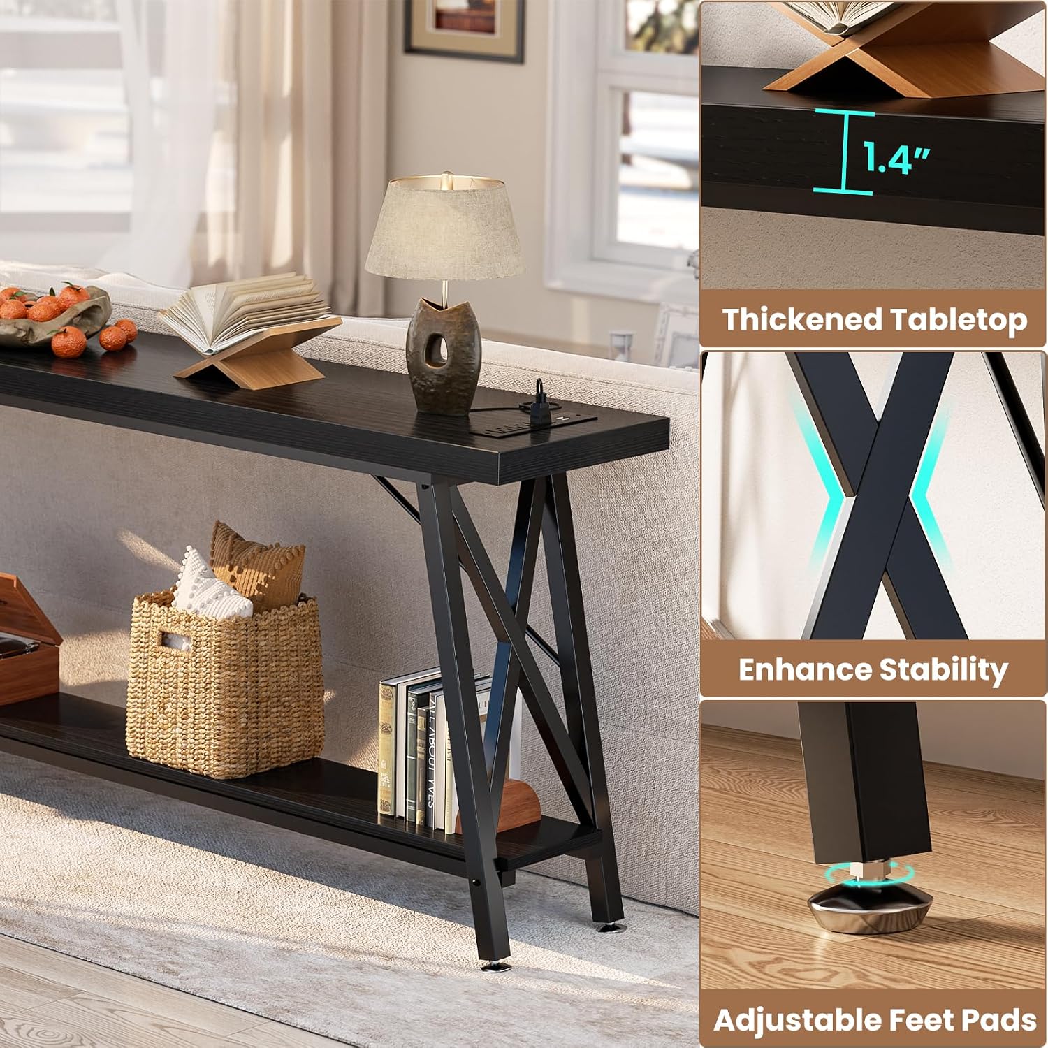Homieasy 70.9 Inch Extra Long Console Table, Industrial Sofa Table Behind Couch with Charging Station & Storage Shelf, Entryway Table for Living Room & Entryway, Black