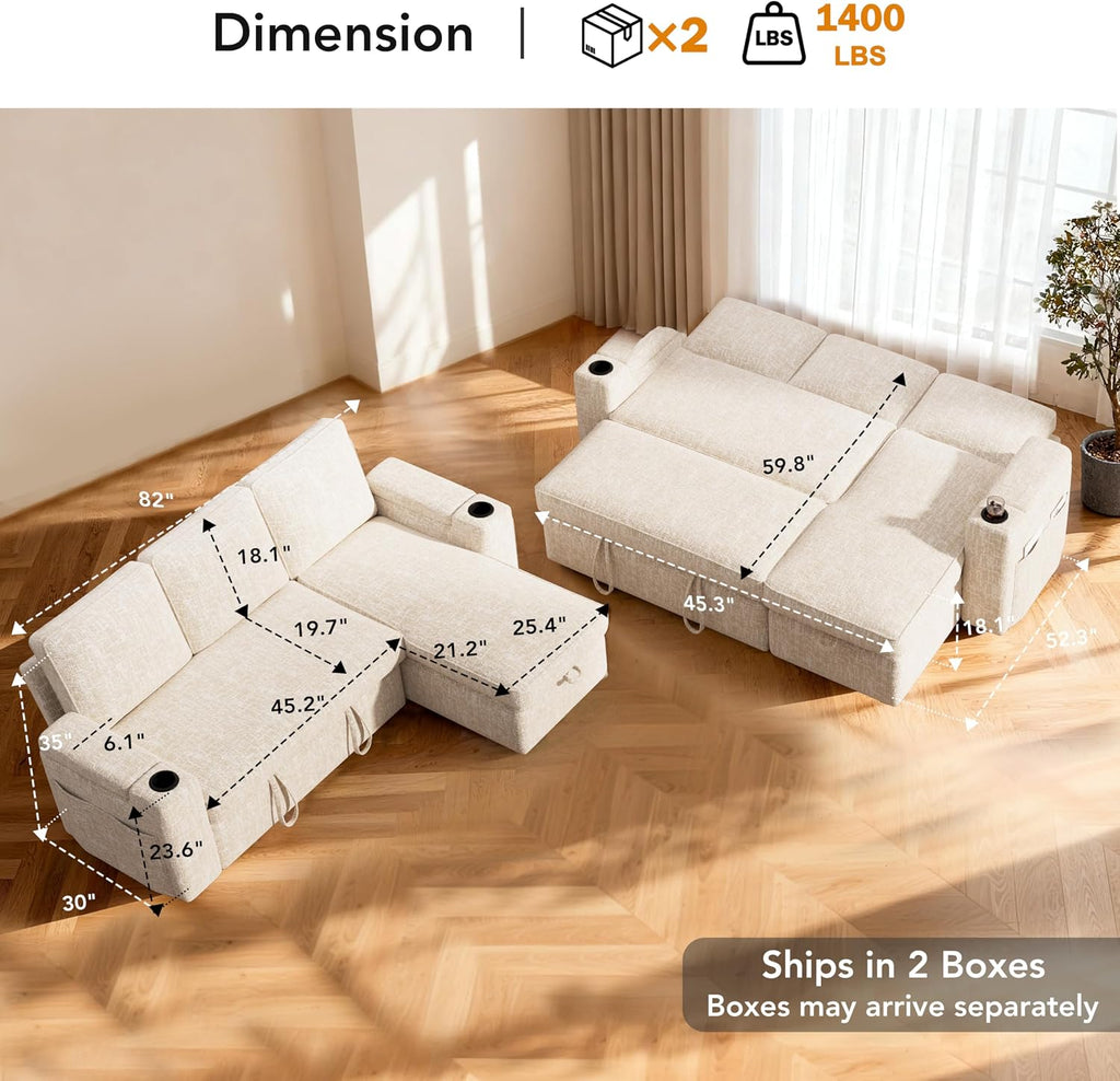 Sunny Heart L-Shaped Sleeper Sofa with Pull Out Bed, 82' Sectional Couch with Reclining Backrest, Reversible Storage Chaise, Armrest Storage, Cup Holders, and Side Pockets, Tool-Free Assembly, Beige