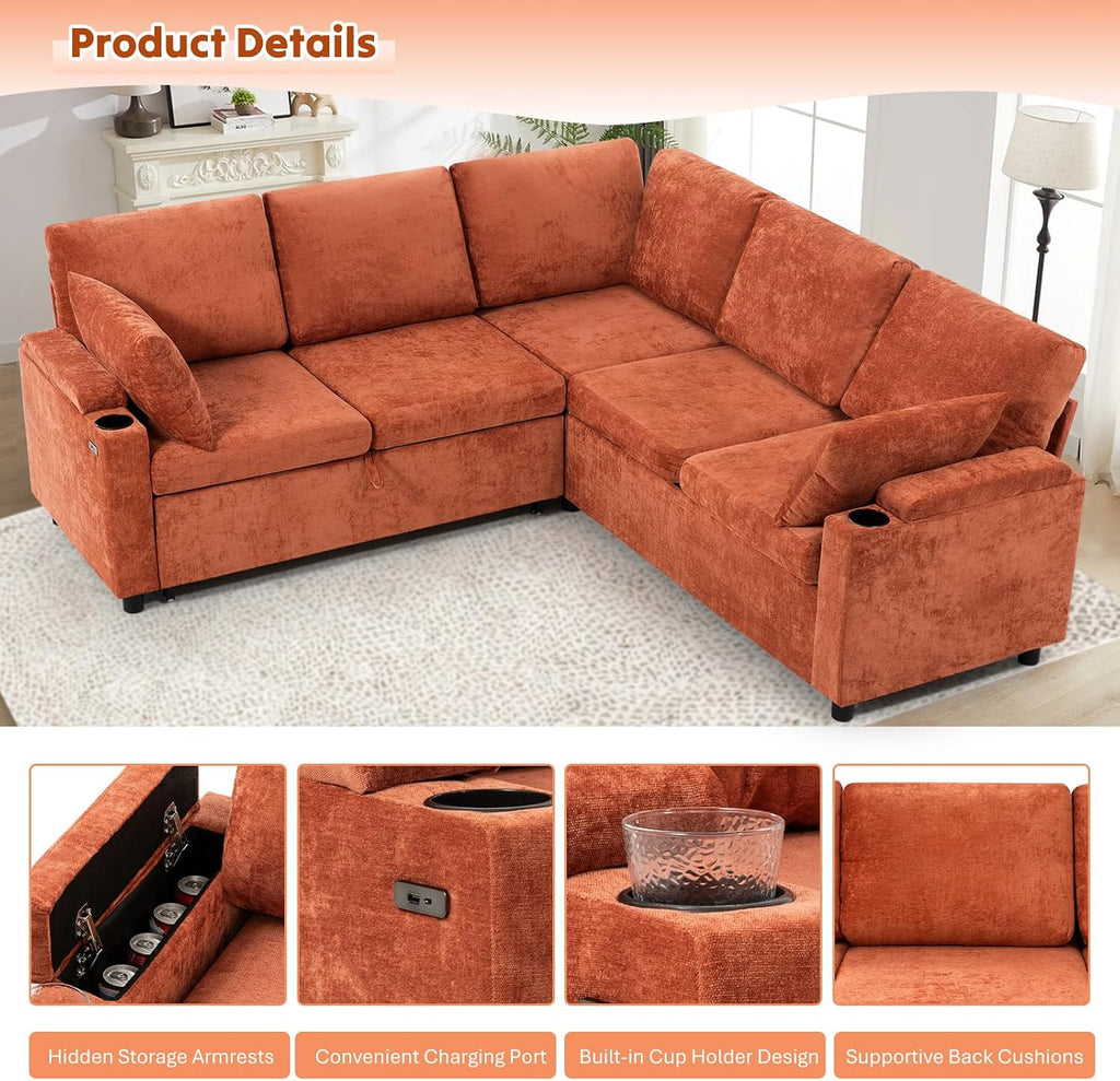 85' Chenille Reversible Sectional Sofa w/Pull-Out Bed, Upholstery L Shaped Couch w/Storage Armrests & Cup Holders, Modern Corner Sofa w/USB Charging Port & Throw Pillow for Living Room, Orange