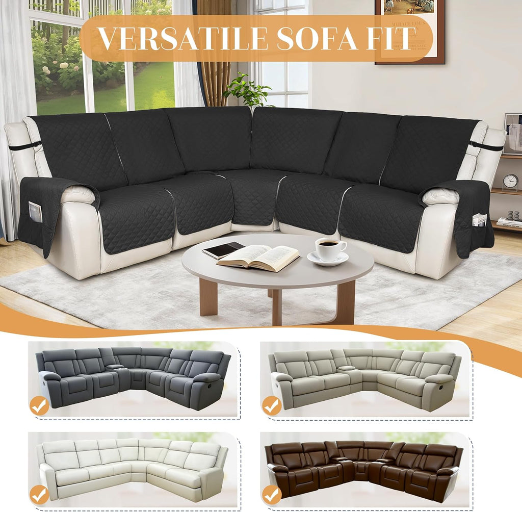 HDCAXKJ 100% Waterproof Reclining Sectional Couch Covers L Shape Recliner Sofa Cover Washable Quilted Soft Pet Dog Corner Recliner Slipcovers with Pockets (5 Seat and 1 Middle Console, Dark Gray)