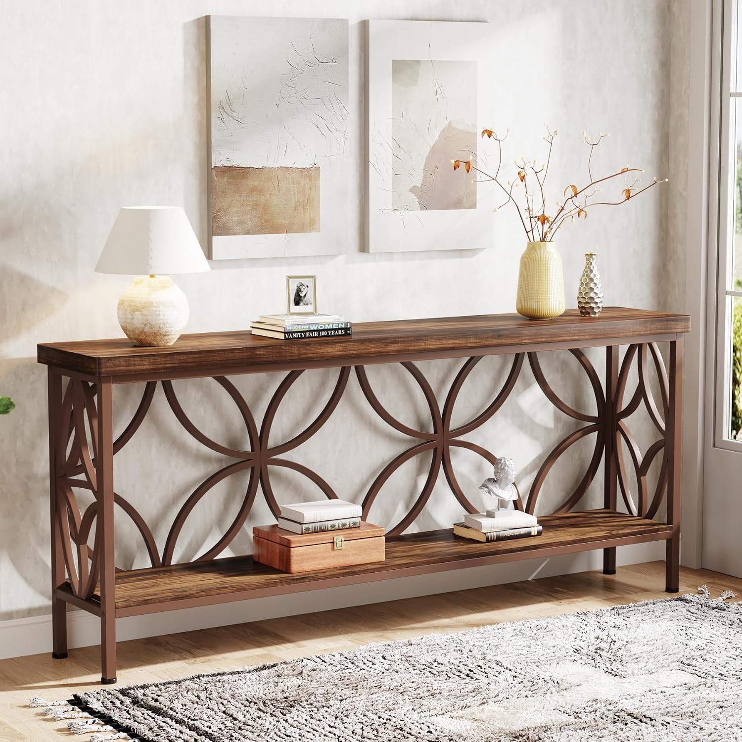Tribesigns 70.9-Inch Narrow Sofa Table, 2-Tier Industrial Console Table Behind Couch, Long Entry Tables with Storage for Entryway, Living Room, Foyer, Hallway, Glossy Brown