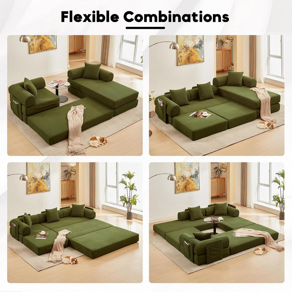 L Shaped Modular Sofa Bed with Cylindrical Pillow & Reversible Chaise, Corduroy Folding Floor Convertible Sofa Couch Bed with Fixed-Shape Frame & Storage Pocket for Living Room, Green