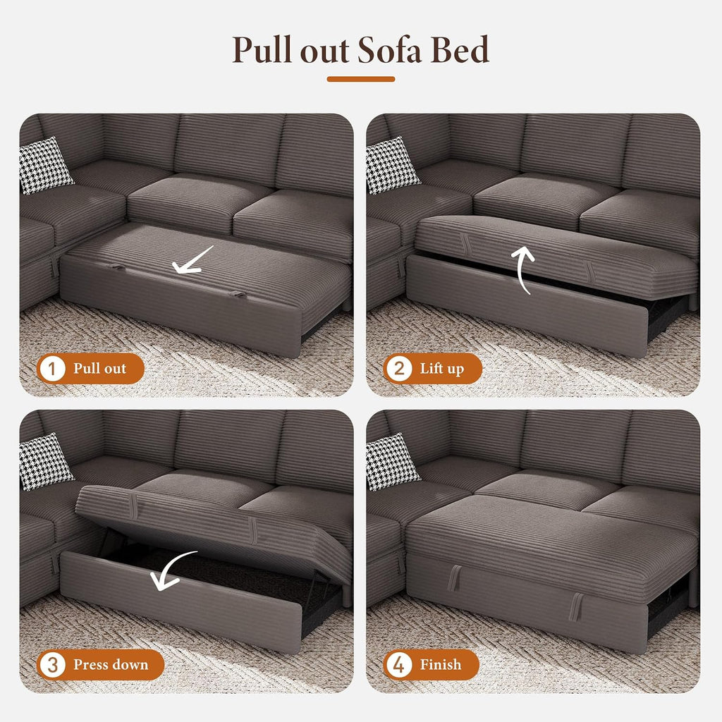 Vesgantti 88.4' Sleeper Sectional Couch with Pull Out Bed, 5 Seater L Shaped Modular Sectional Sofa with Storage, Comfy Corduroy Modular Sofa for Living Room, Bedroom, Apartment, Light Coffee