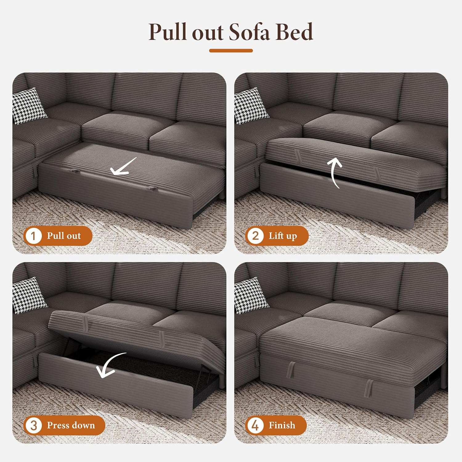 Vesgantti 88.4' Sleeper Sectional Couch with Pull Out Bed, 5 Seater L Shaped Modular Sectional Sofa with Storage, Comfy Corduroy Modular Sofa for Living Room, Bedroom, Apartment, Light Coffee
