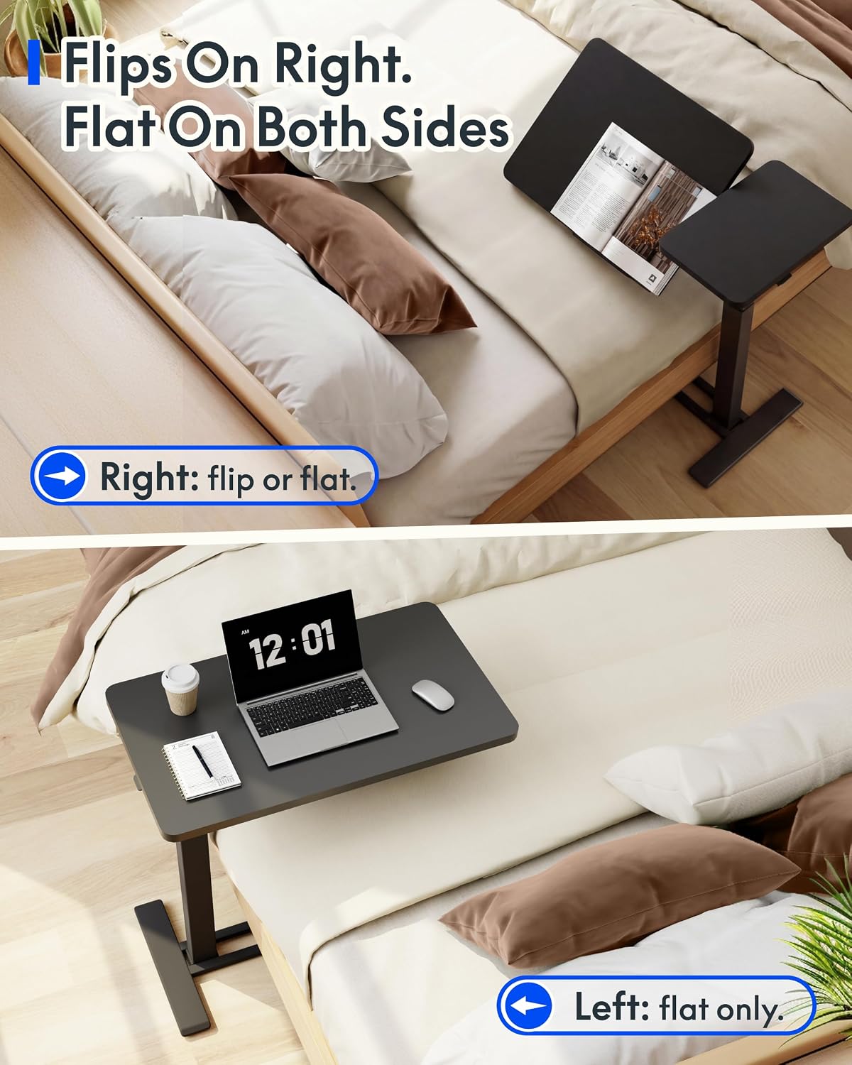 FLEXISPOT Adjustable Height C-Shaped End Table with Single-Side Tilting Top, Mobile Side Table for Sofa & Bedside, Slides Under Furniture, Hidden Wheels for Small Spaces, 27.6' W x 15.7' D, Black