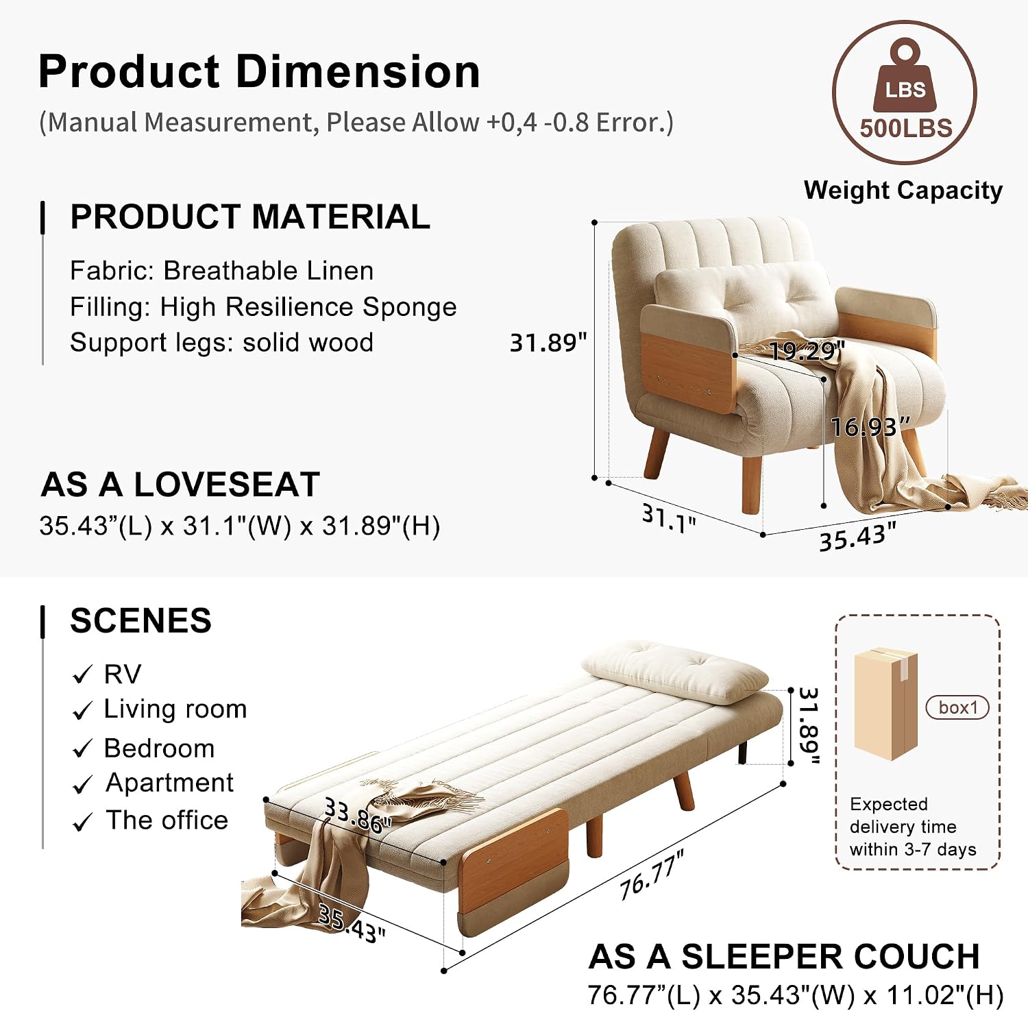 Convertible Lounger Fold-Out Sofa Bed, 3-in-1 Sleeper Sofa，Adjustable Backrest, Modern-Style Sofa for Small Spaces, Bedrooms & Offices(Beige,35.43)