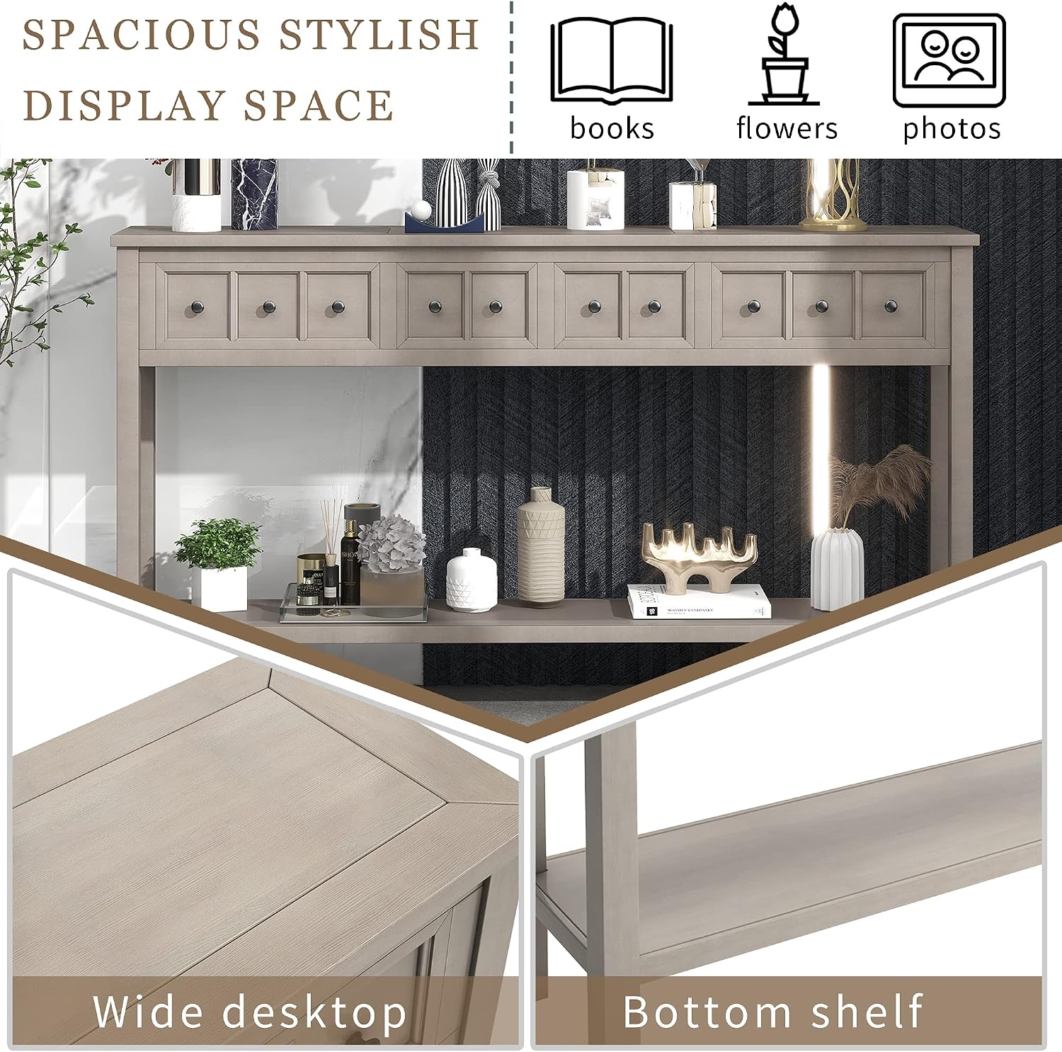 Merax Sofa Table 60 inch Sofa Table Long Console Table with Drawers and Shelf for Entryway Easy Assembly Hallway Table