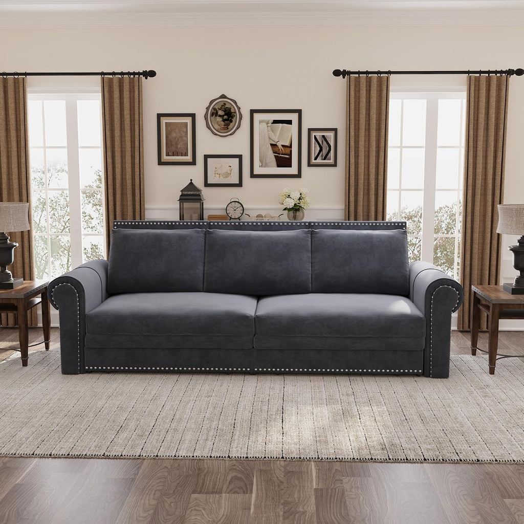 93.7' King Pull Out Sofa Bed, 3 in 1 Convertible Sleeper Sofa Couch 3-Seater, Velvet Folding Loveseat Sleeper Sofa with Deep Seat, Nailhead Trim & Rolled Arm for Living Room (Light Grey)