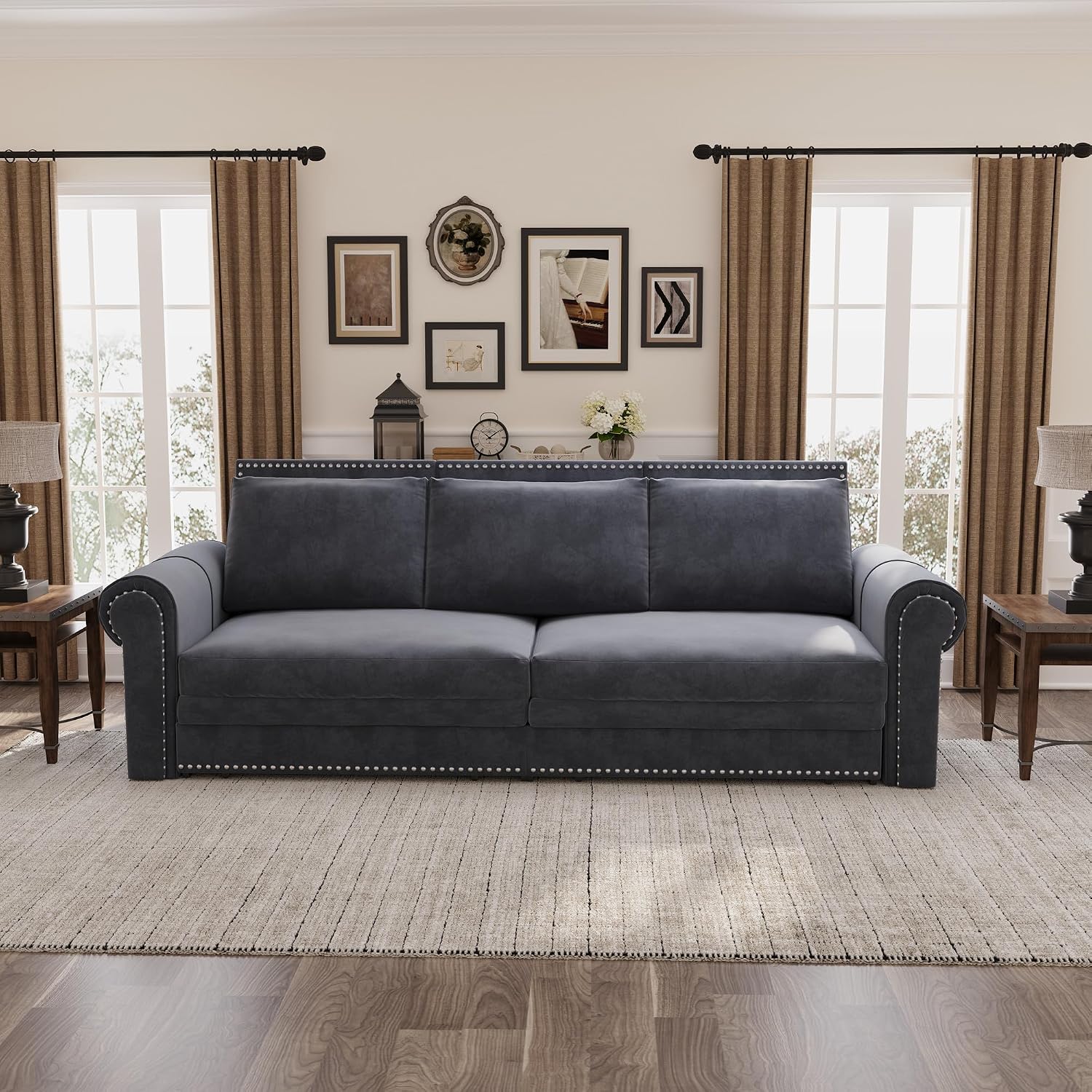 93.7' King Pull Out Sofa Bed, 3 in 1 Convertible Sleeper Sofa Couch 3-Seater, Velvet Folding Loveseat Sleeper Sofa with Deep Seat, Nailhead Trim & Rolled Arm for Living Room (Light Grey)
