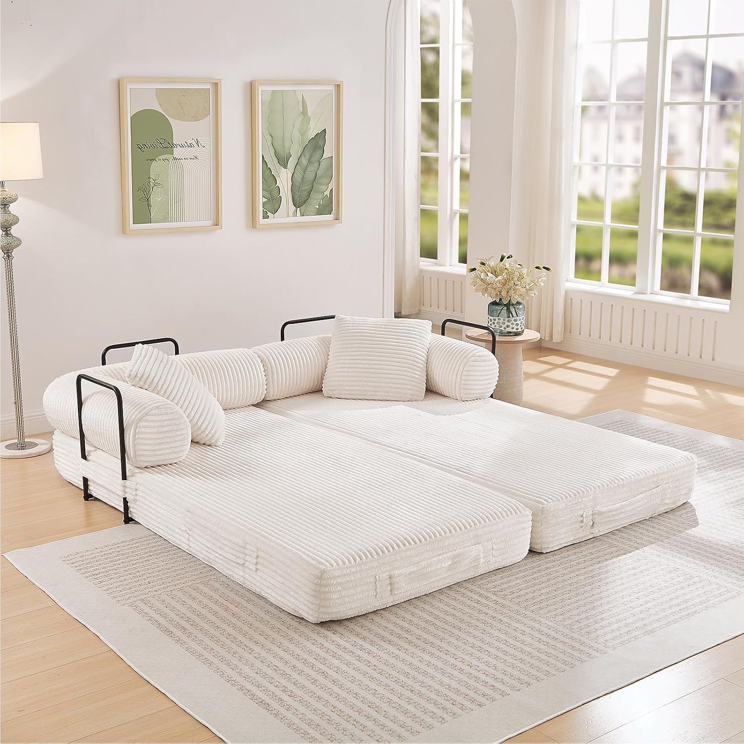 Antetek Modular Couch Bed, Convertible Folding Plush Corduroy Comfy Floor Compression Loveseat Sleeper Sofa Couch, King Size Bed for Guest Room Living Room Bedroom, No Assembly Required, Beige