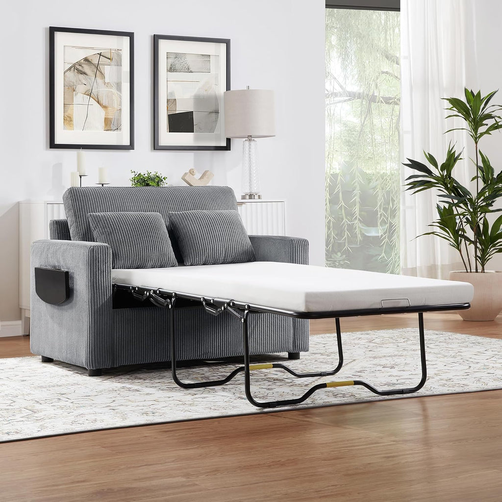 Twin Size Sofa Bed 47.2' Sleeper Sofa Loveseat Sofa with a Foldable Mattress, a Foldable Side Table, a Side Storage Pocket and Two USB Ports for Living Room, Gray