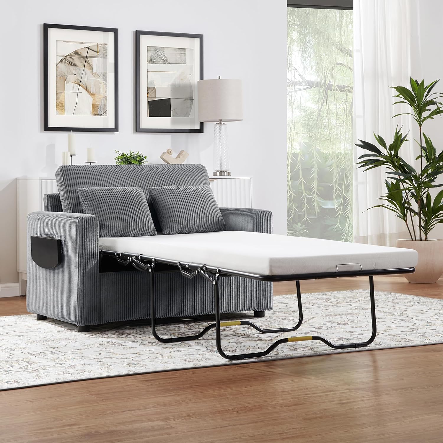 Twin Size Sofa Bed 47.2' Sleeper Sofa Loveseat Sofa with a Foldable Mattress, a Foldable Side Table, a Side Storage Pocket and Two USB Ports for Living Room, Gray
