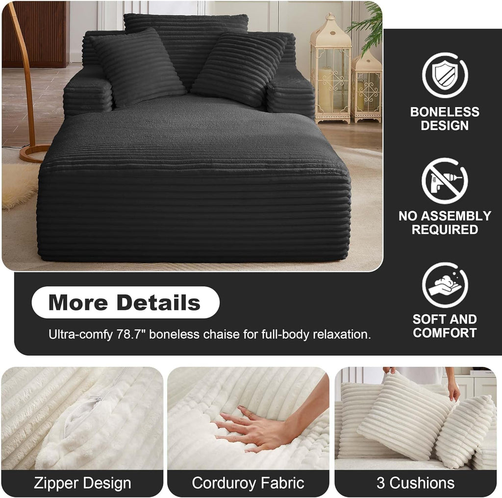 Tmsan Oversized Chaise Lounge Chair Indoor, 78.7' Extra Deep Boneless Corduroy Lounge Couch Bed with 2 Pillows, Single Seat Reading Chairs for Living Room,Bedroom,Apartment,No Assembly Required