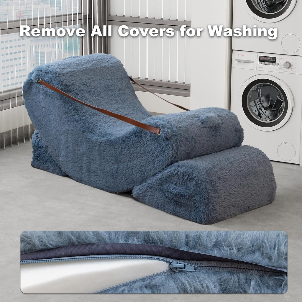 3-in-1 Adjustable Zero Gravity Floor Chair, Oversized Faux Fur Boneless Chair for Adults with Memory Foam & Washable Cover, Silent Rocker Recliner Lounge Chair for Reading, Nursing, Gaming, Bluegray
