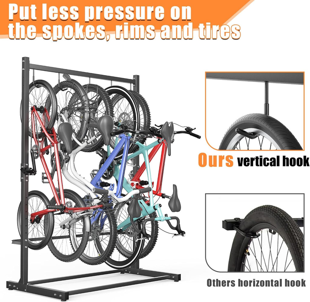 TORACK Garage Freestanding Hanging Bike Stand for Garage, Heavy Duty 5 Bikes Vertical Bike Storage Stand Floor Bike Storage Rack