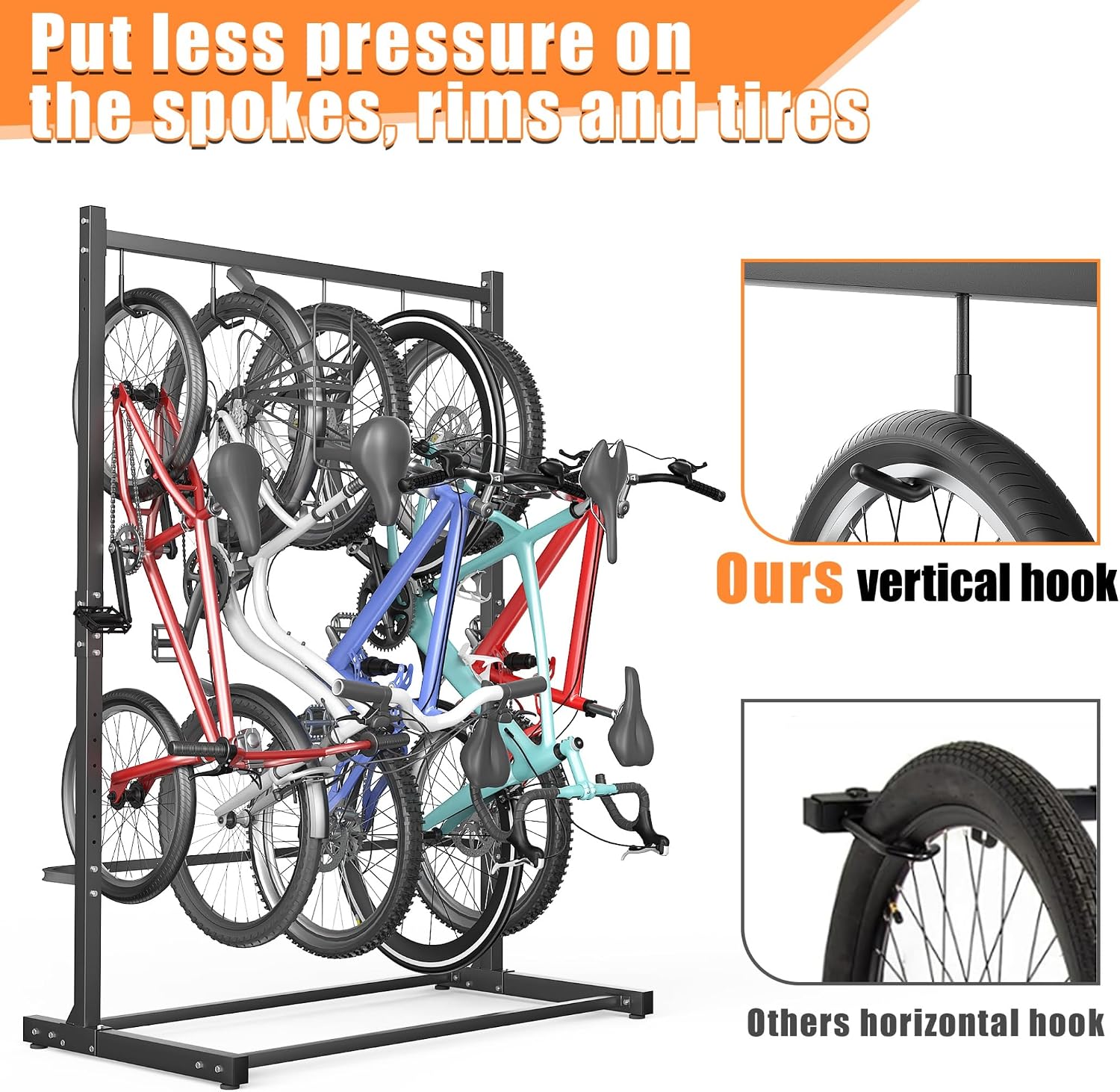 TORACK Garage Freestanding Hanging Bike Stand for Garage, Heavy Duty 5 Bikes Vertical Bike Storage Stand Floor Bike Storage Rack