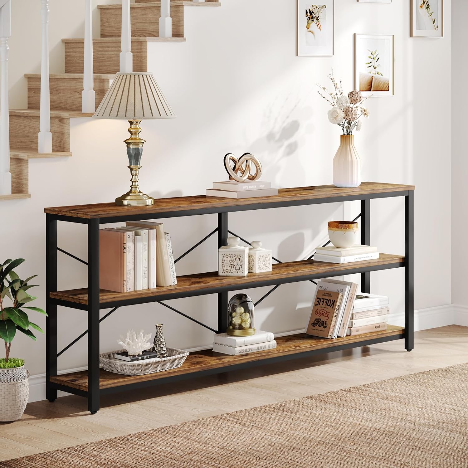 Tribesigns 70.9-Inch Extra Long Console Table, 3-Tier Industrial Sofa Table with Metal Frame, Modern Behind Couch Table with Storage Shelves for Living Room Entryway Hallway Foyer (Brown and Black)