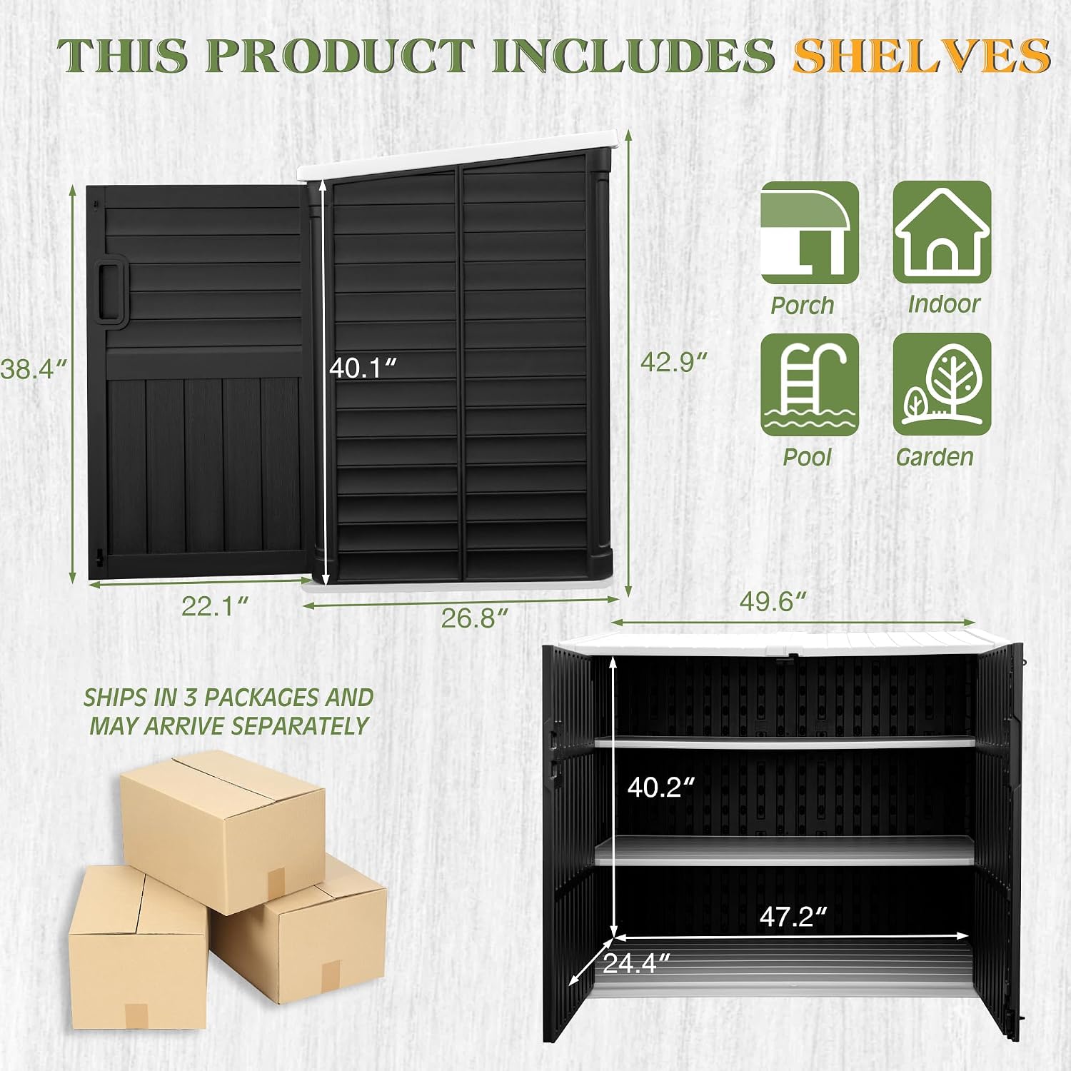 Greesum Outdoor Trash Can Storage Shed, 34 Cu.ft Waterproof Horizontal Storage Shed, Portable Horizontal Resin Storage Shed for Garden, Backyard, Patio, Dark Black