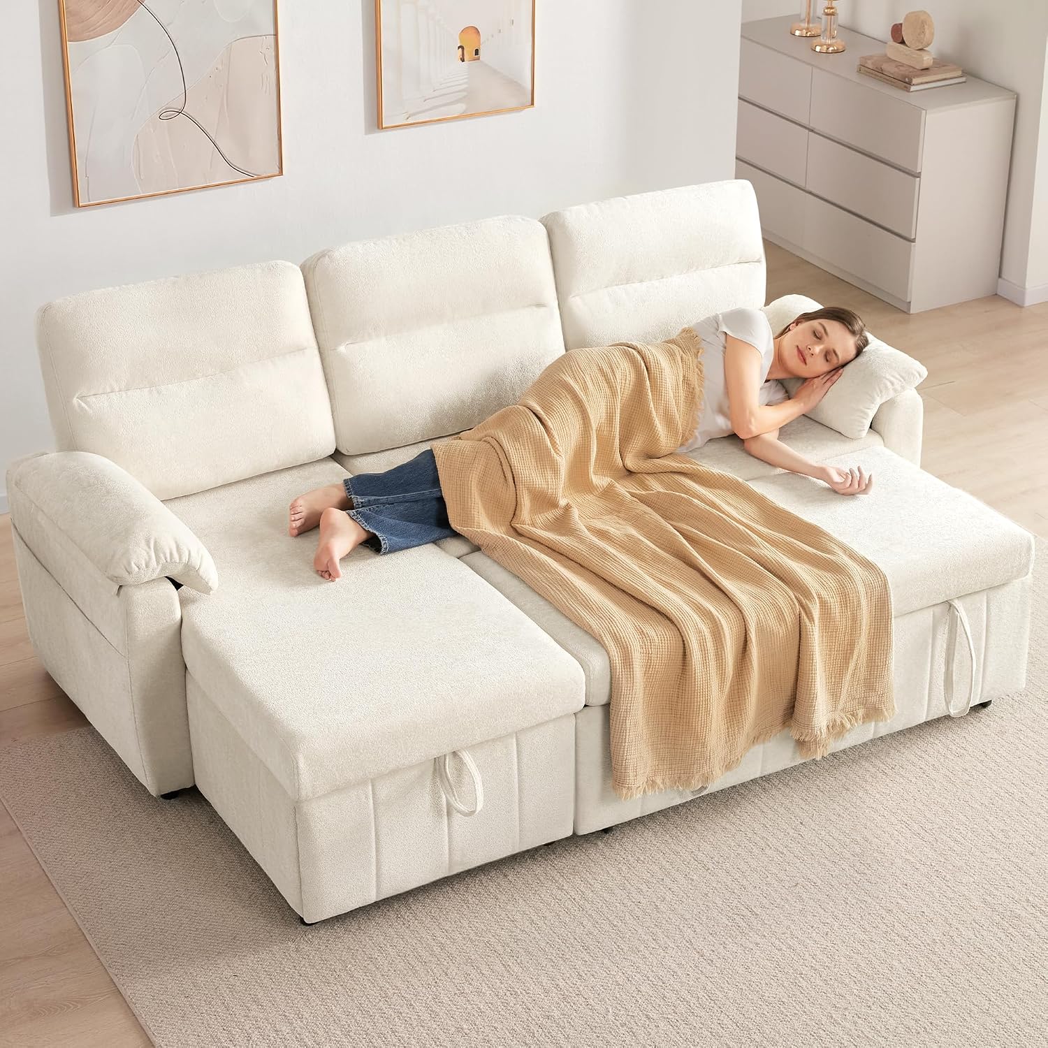 Tbfit 84'' Sleeper Sofa Bed, 3 in 1 Cloud Pull Out Sofa Couch with USB & Storage Chaise, Convertible Sofa Bed with Pull Out Bed, Couches for Living Room, Apartment, Office, White Sherpa