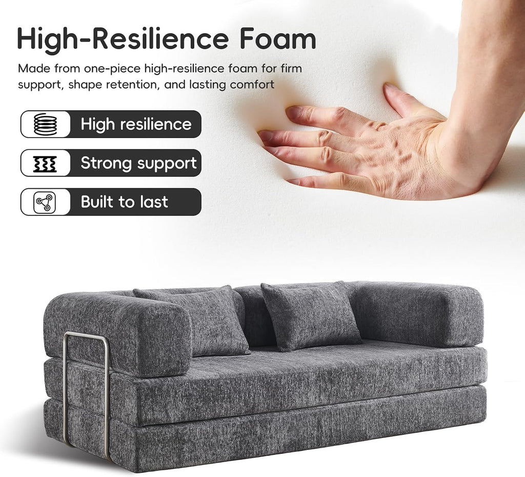 5-in-1 Convertible Folding Sofa Bed, 79' Queen Chenille Boneless Couch with Removable Armrests, No Assembly Loveseat Sleeper Sofa, Modular Futon Couch for Living Room & Bedroom, Dark Grey