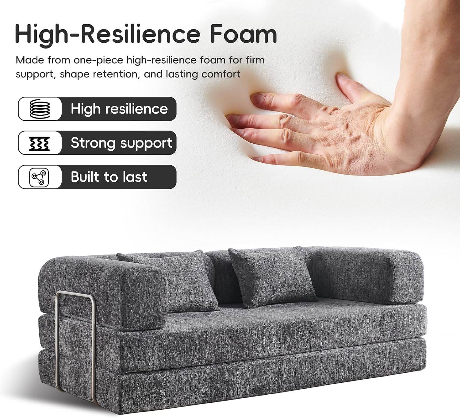 5-in-1 Convertible Folding Sofa Bed, 79' Queen Chenille Boneless Couch with Removable Armrests, No Assembly Loveseat Sleeper Sofa, Modular Futon Couch for Living Room & Bedroom, Dark Grey