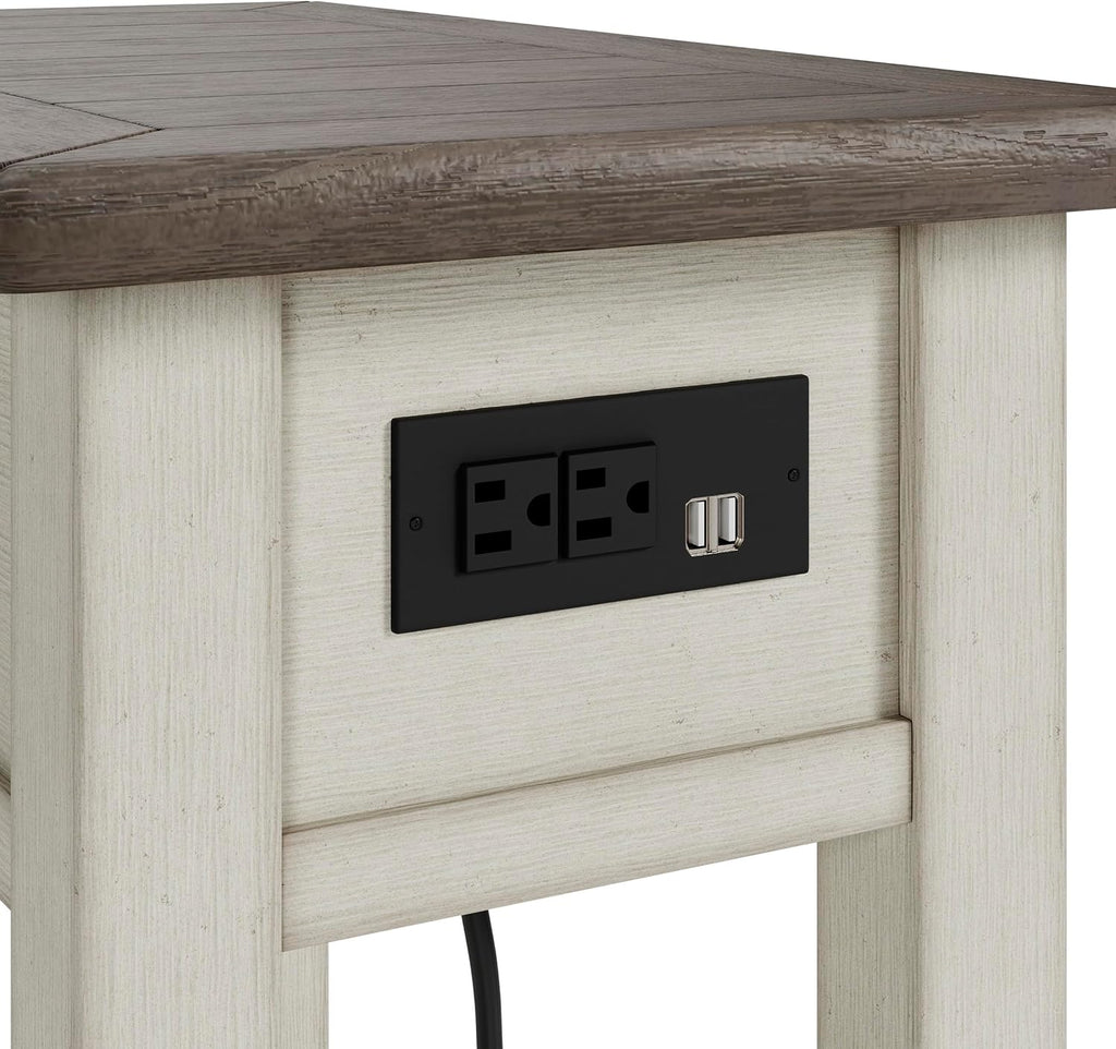 Signature Design by Ashley Bolanburg Chairside End Table With Charging Station, Two-Tone Wood Accent Table With Drawer Storage, Plank Top Design for Living Room or Bedroom, Antique White