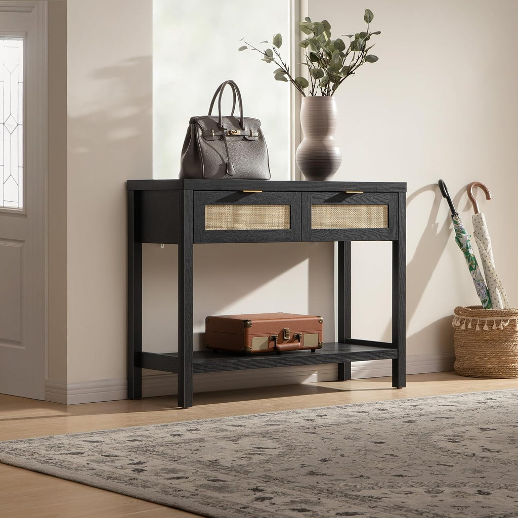 SICOTAS Black Console Table Set of 2 - Boho Entryway Table with Rattan Drawers, 2 Tier Shelf, Narrow Long Sofa Tables for Living Room, Entry Table for Hallway, Foyer