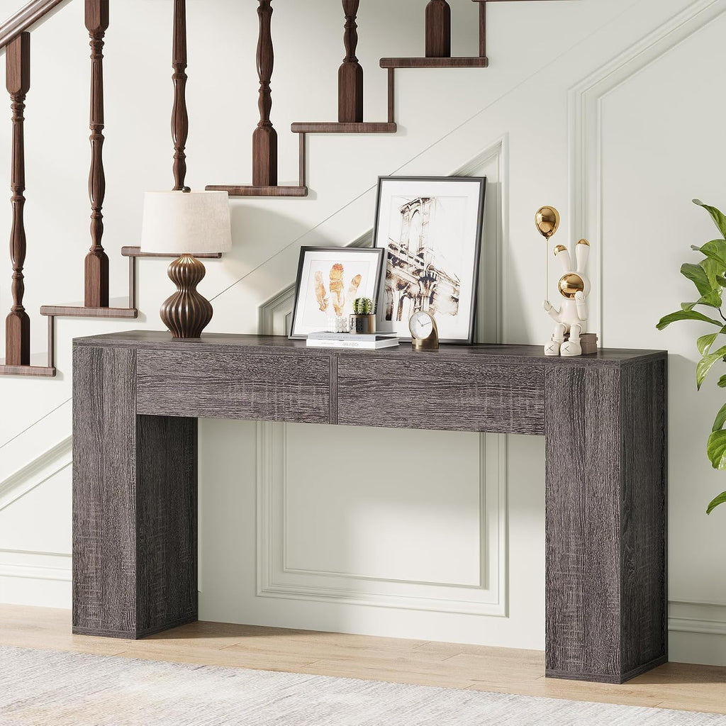Farmhouse Console Table with LED Light and 2 Drawers, 55 inch Long Sofa Table Behind Couch, Narrow Entry Table for Entryway, Hallway, Entrance, Living Room (Gray)