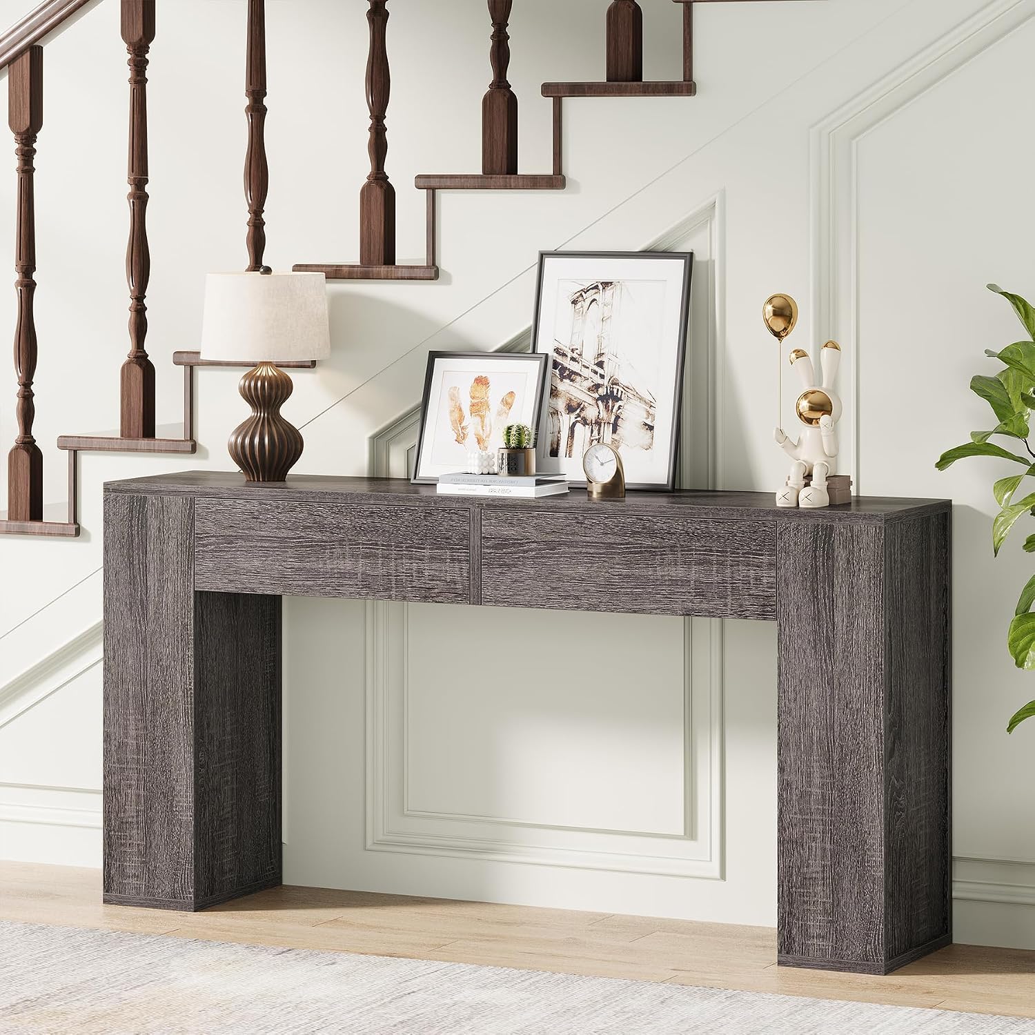 Farmhouse Console Table with LED Light and 2 Drawers, 55 inch Long Sofa Table Behind Couch, Narrow Entry Table for Entryway, Hallway, Entrance, Living Room (Gray)