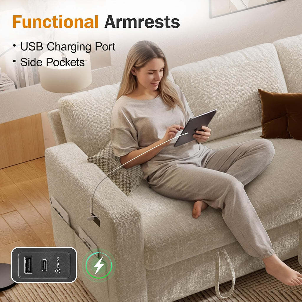 Vipbear 106' Sectional Sleeper Sofa with Pull Out Bed, U Shaped Couch Sleeper Sofa Bed, Pull Out Couch with Reclining Backrest, Double Storage Chaise, USB Ports, Tool-Free Assembly, Chenille Beige