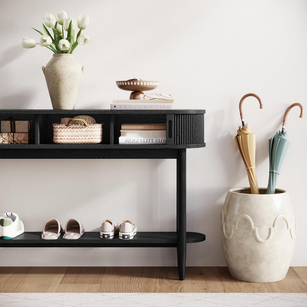 LINSY Fluted Console Table with Storage, Entryway Table Wood Entrance Tables for Front Door, Behind Couch Sofa Table with Shelves, Foyer Tables for Hallways, Living Room (Black)